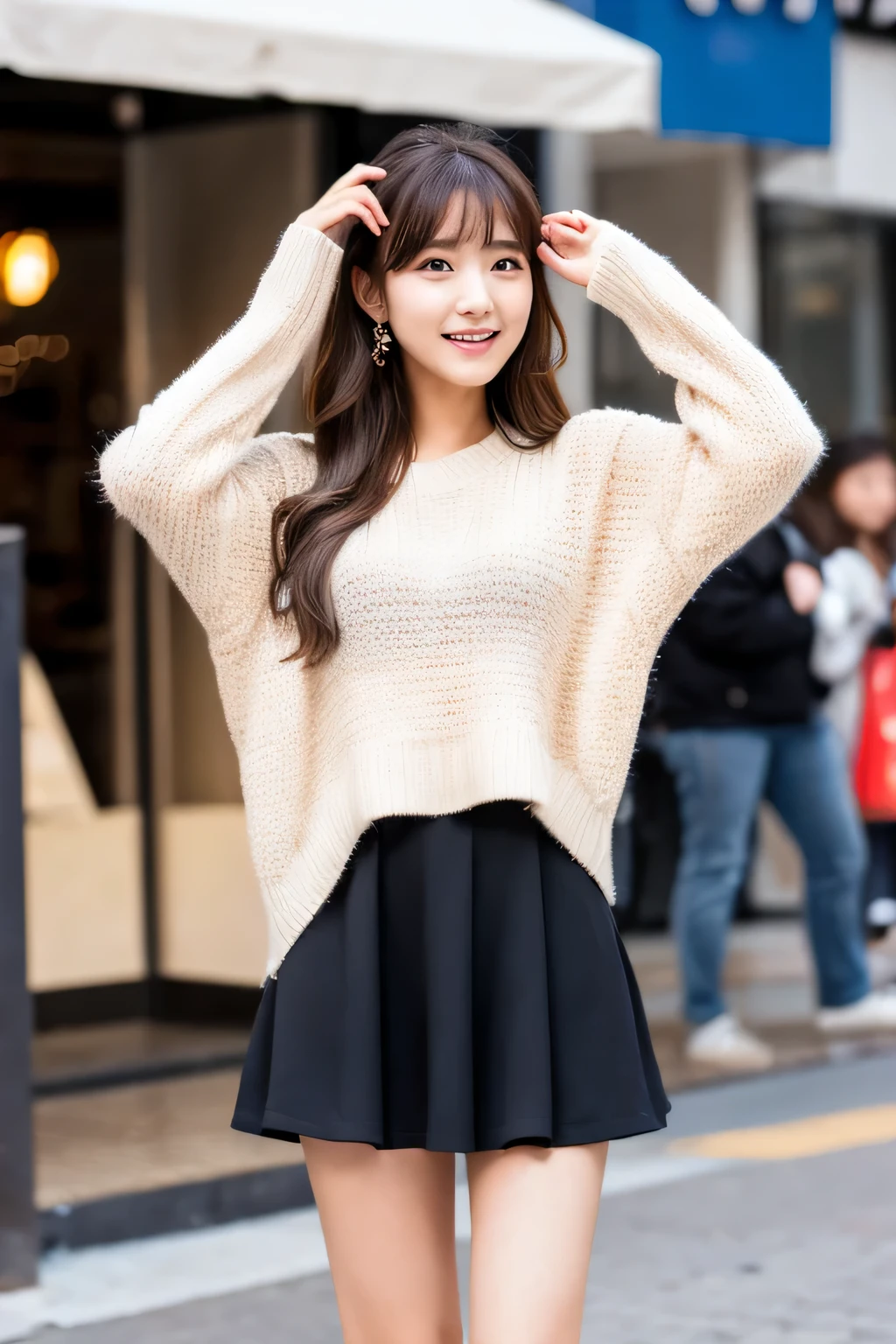 woman in her 20s、Her semi-long hair is blowing in the wind.、light brown hair、White Mohair Sweater、Black Mini Flare Skirt、black short boots、Full body pose in the shopping district