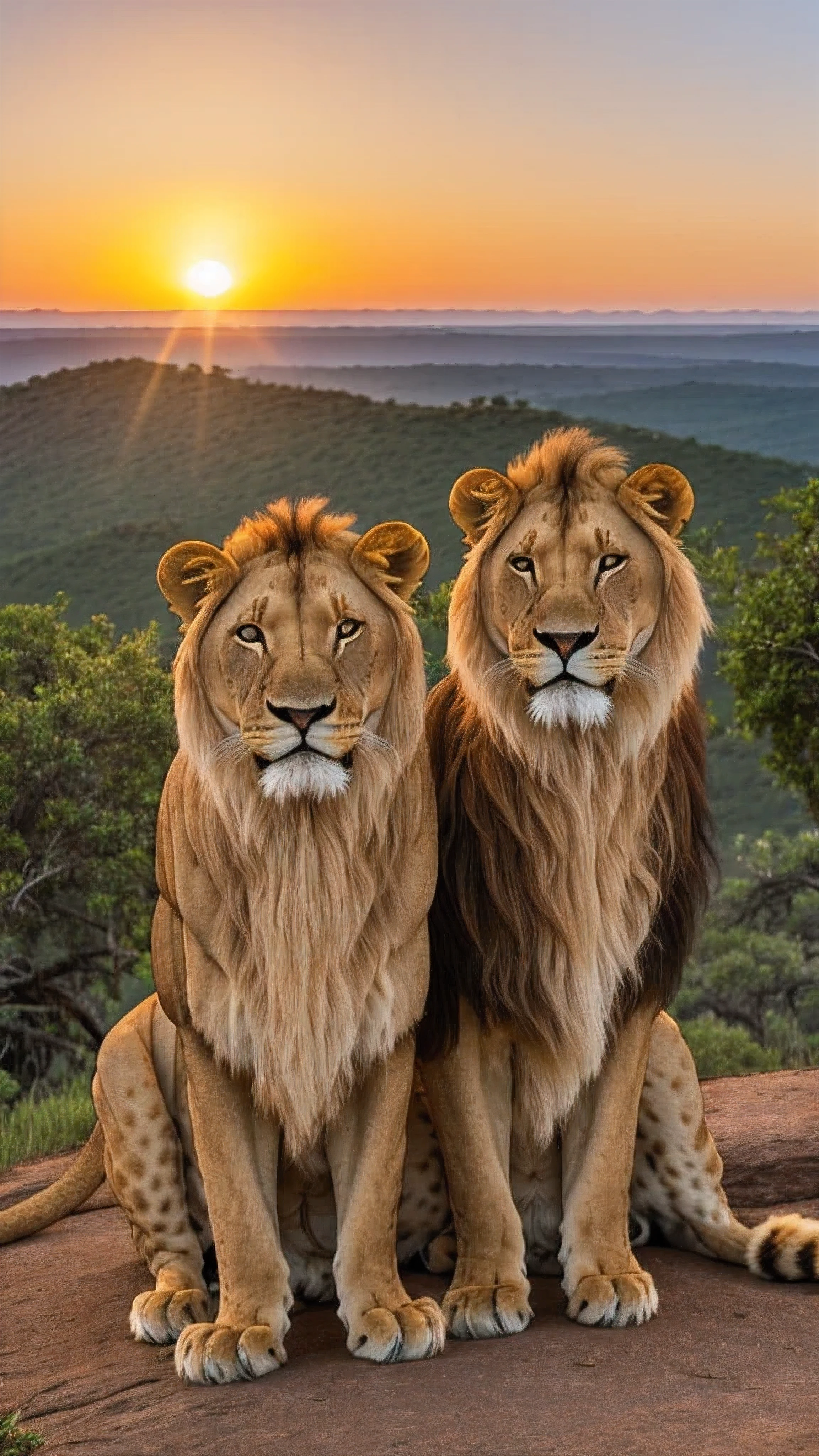 Two lionesses posing impressively while watching the savanna sunset from the top of the mountain 