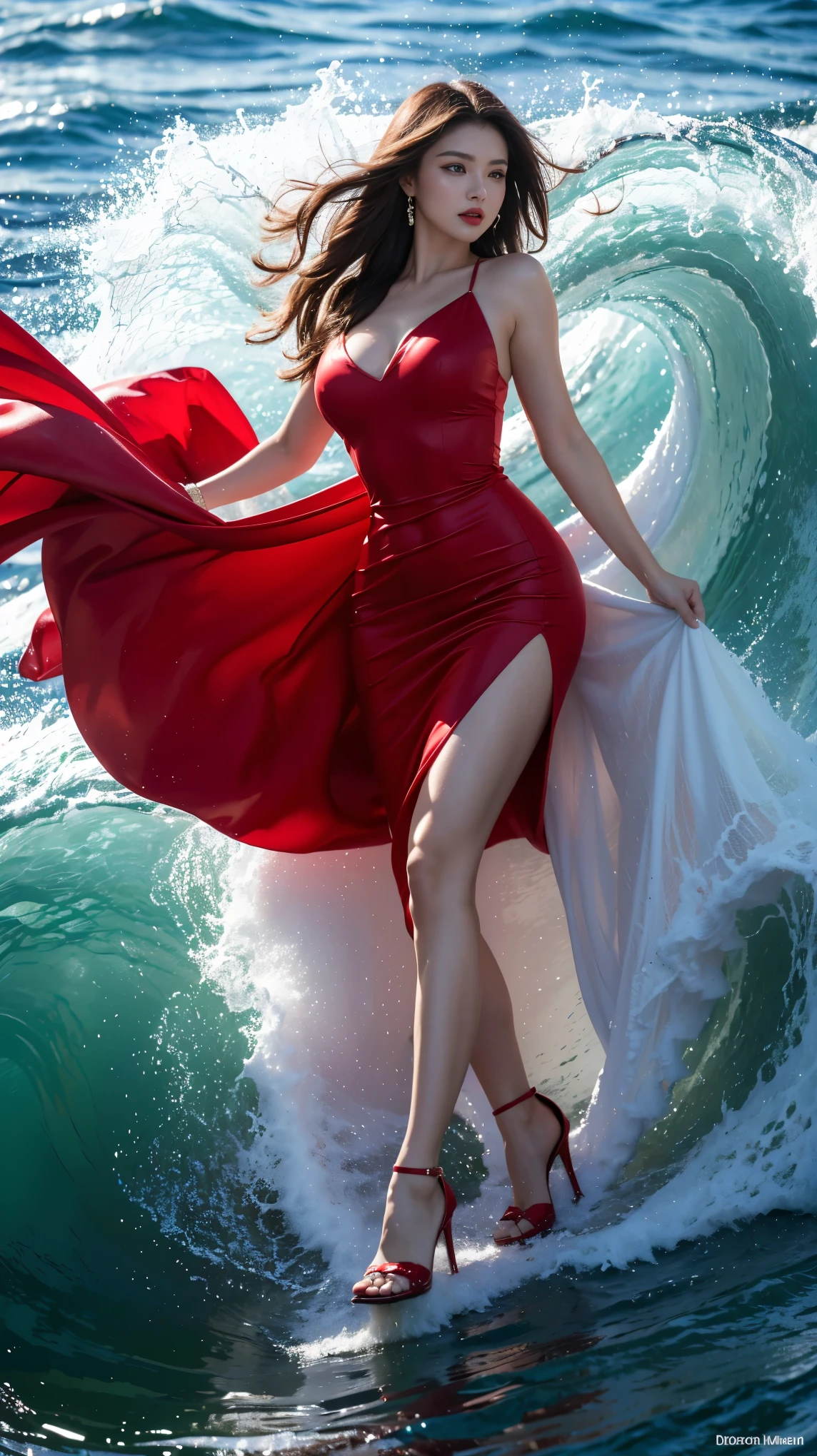 highest quality,masterpiece,ultra high resolution,(actual:1.4),original photo,ultra high resolution,8K,there is a woman,Fair skin,exquisite makeup,big waves of red lips,red dress,high heels,long legs,bright and beautiful
