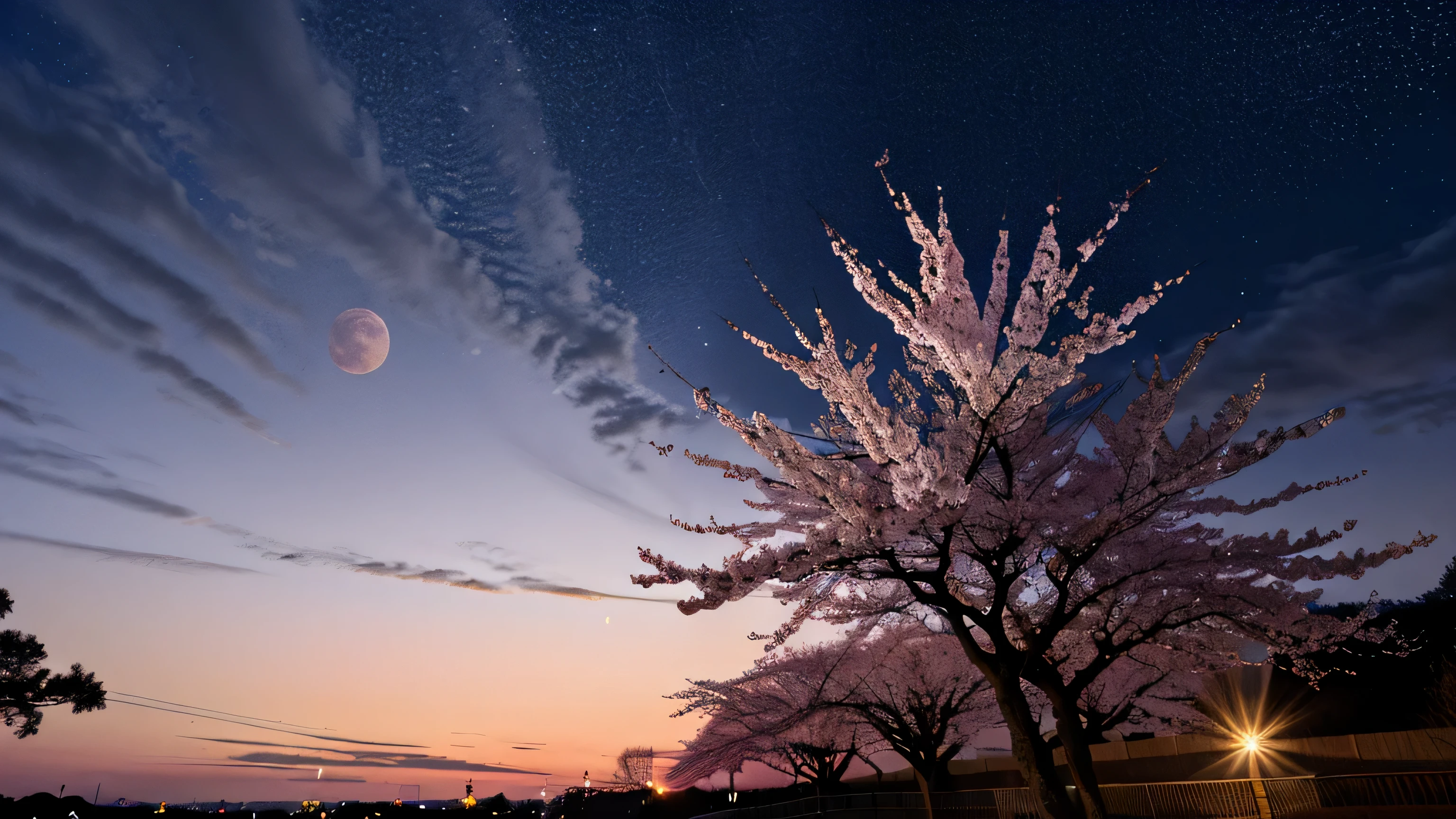 Beautiful rural scenery of cherry blossoms　beautiful cherry blossoms 8ｋ　night sky　beautiful moon　8k wallpaper　Detailed photos