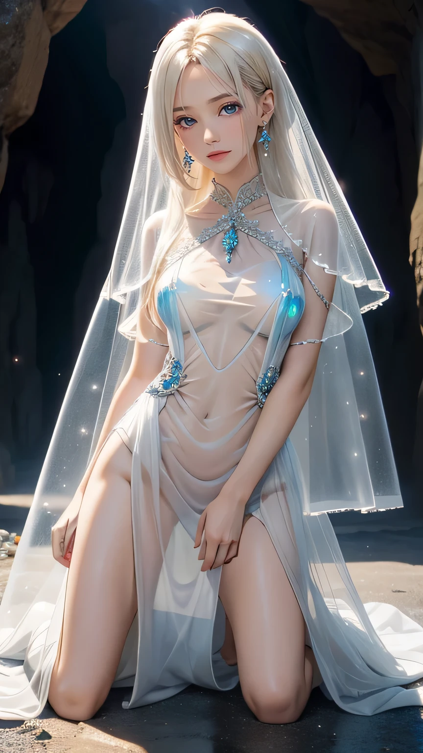 (((masterpiece))),((highest quality)),one beautiful girl,pale, (A character that combines humans and crystals: 1.5), (The body is cloudy and translucent:1.5)、(The body is translucent:1.5)、(Hair becomes cloudy and translucent:1.5)、(belly button)、((A dress made entirely of plain colors, Transparent crystal.:1.5)),(private server), (exposure of skin),(The background is inside a cave.:1.5).(((from the front:1.5)))、(straight front: 1.5)、(kneel down:1.5)