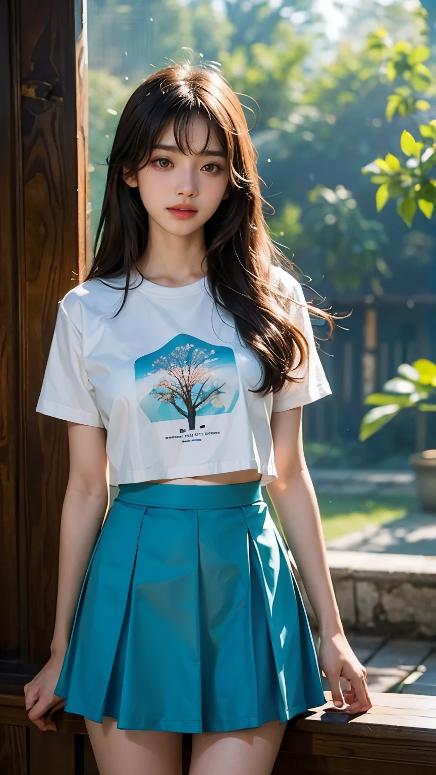 Korean beautiful girl, Straight straight hair, hair bang, ribbon hair pin, ideal tits, cropped cyan t-shirts, skirt, white skin, silky skin, tree house flower blurred background, cinematic lighting