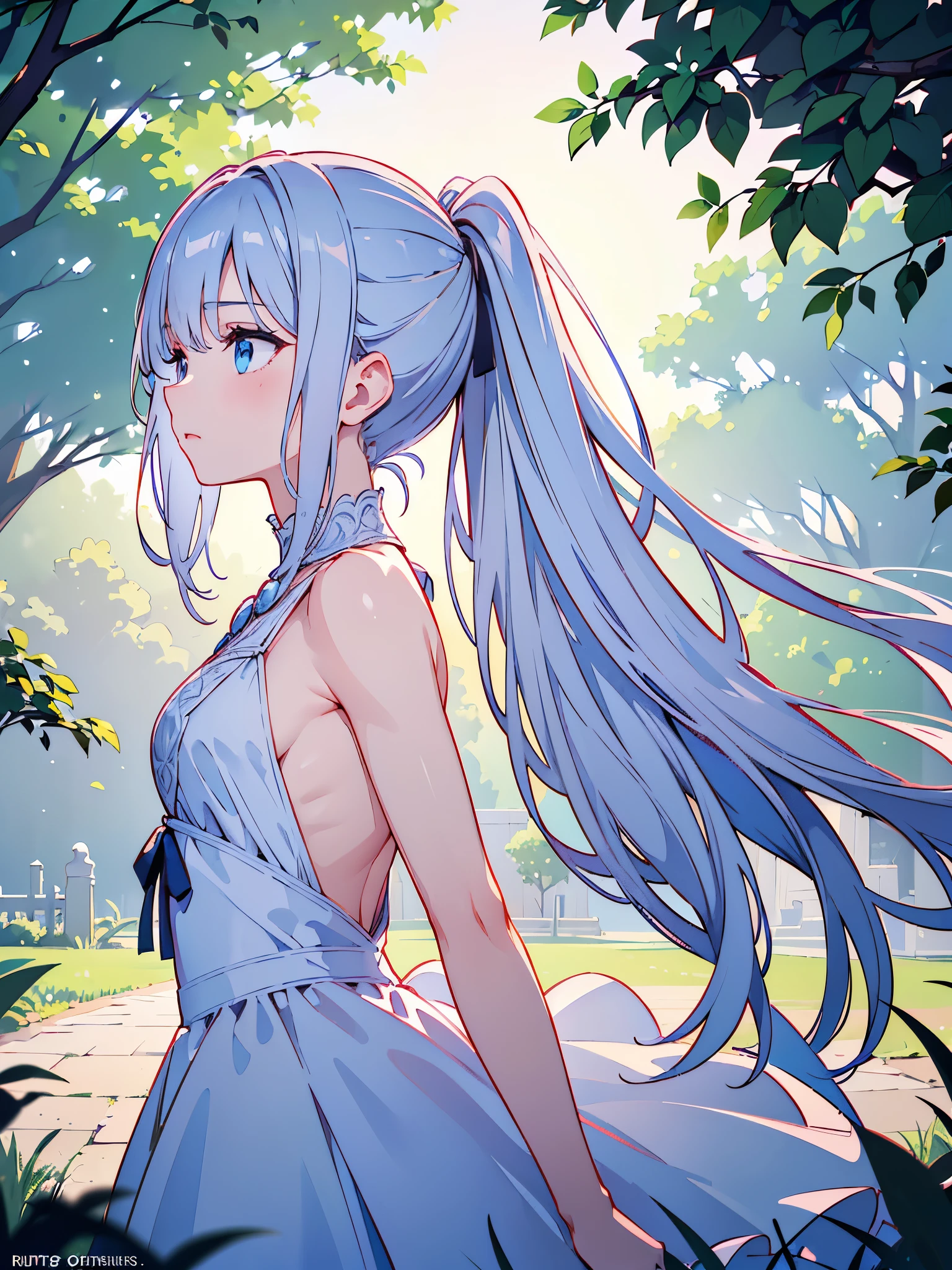 RAW Photography, (((Very Beautiful Portrait))), (Very Beautiful Portrait))), 1 girl, 19 year old girl, long silver hair, deep blue eyes, lost in thought, walking through gardens, ((gentle wind)), wearing loose medieval dress, ((showing back)), ((muscular back)), (((fit, athletic))), (medium size chest), ((looking away)), ((low angle shot)), (((very beautiful))), ((masterpiece, best quality, ultra detail, cinematic lights, intricate detail, highi definition, 8k, very detailed))
