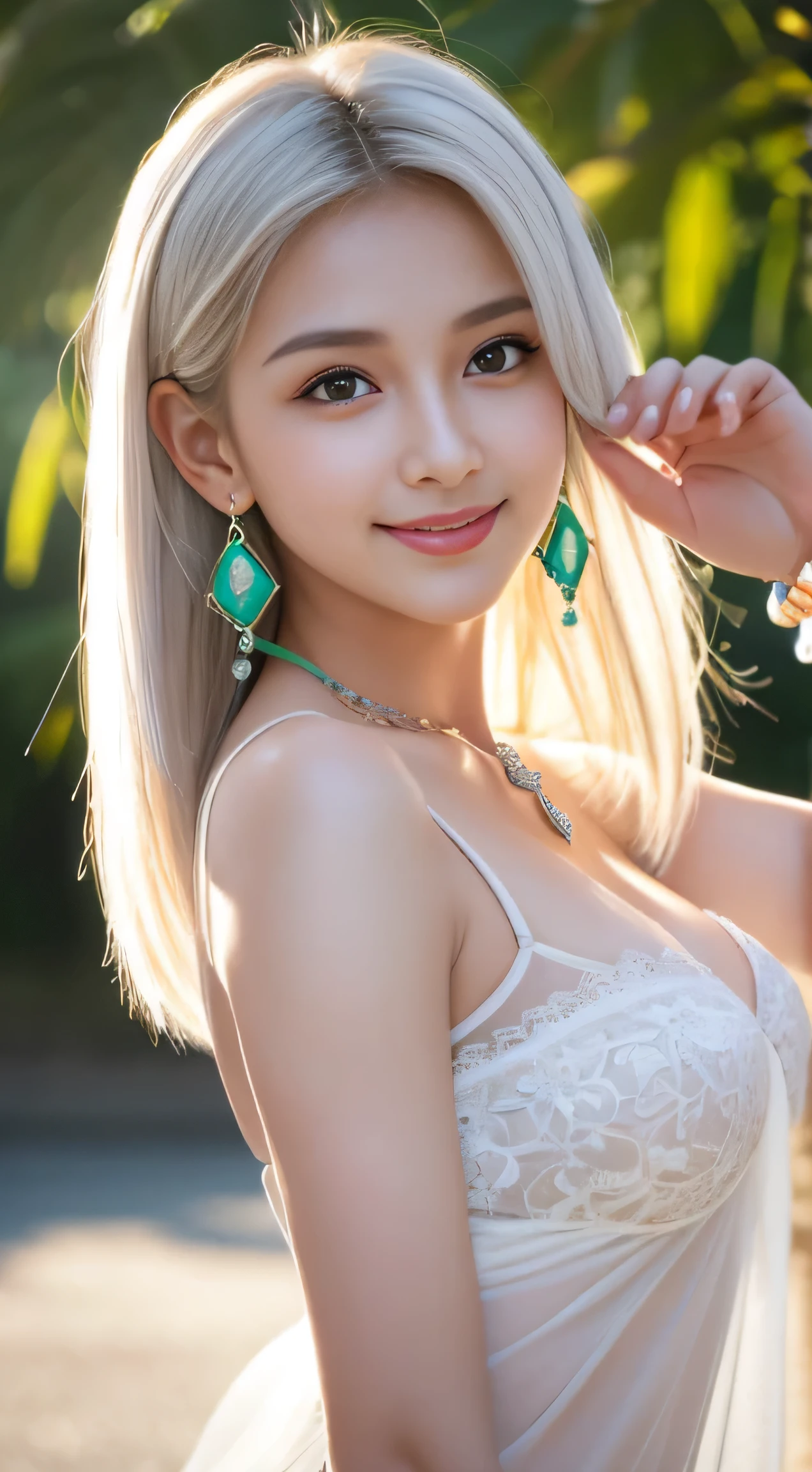 8K, on the table, original photo, best quality, lifelike, Highly detailed CG Unity 8k wallpaper, depth of field, film light, lens flare, Ray tracing, (extremely beautiful face, beautiful lips, beautiful eyes), Intricately detailed face, ((Super fine skin)) 1 girl in, in the darkness, deep shadow, cute , ((looking at the audience)), (seductive smile), (blurred background), earrings, bracelet, necklace, clear eyes, Frontal shooting, (pale skin), face forward, (big eyes), (upper body shot), (camel toe), White的頭髮、blue eyes、White、Winters、green trees々、Sunlight