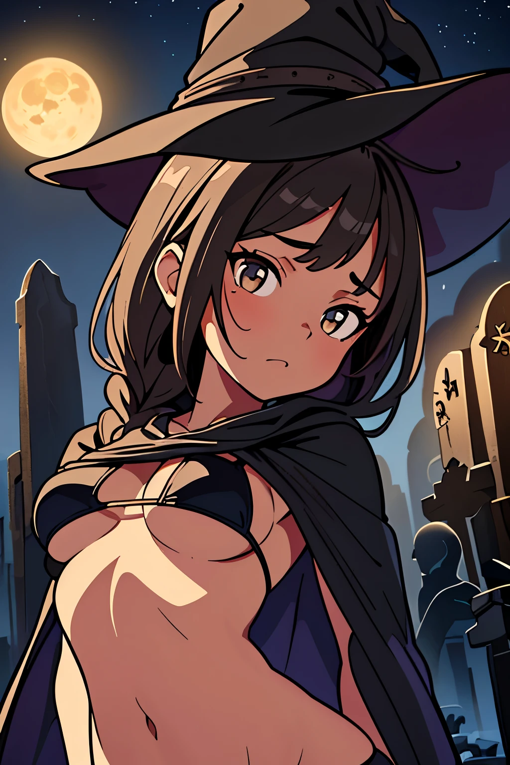 best quality, masterpiece, 1 girl, (silhouette lighting:1.3), contrapposto, , (head shot, upper body:1.5), ultra detailed face, light brown two braids hair with bangs, hourglass figure, oily skin, black big witch hat, black bikini, cloak and glove, (underboob:1.2), her sweating a lot, (graveyard at night:1.3), supermoon