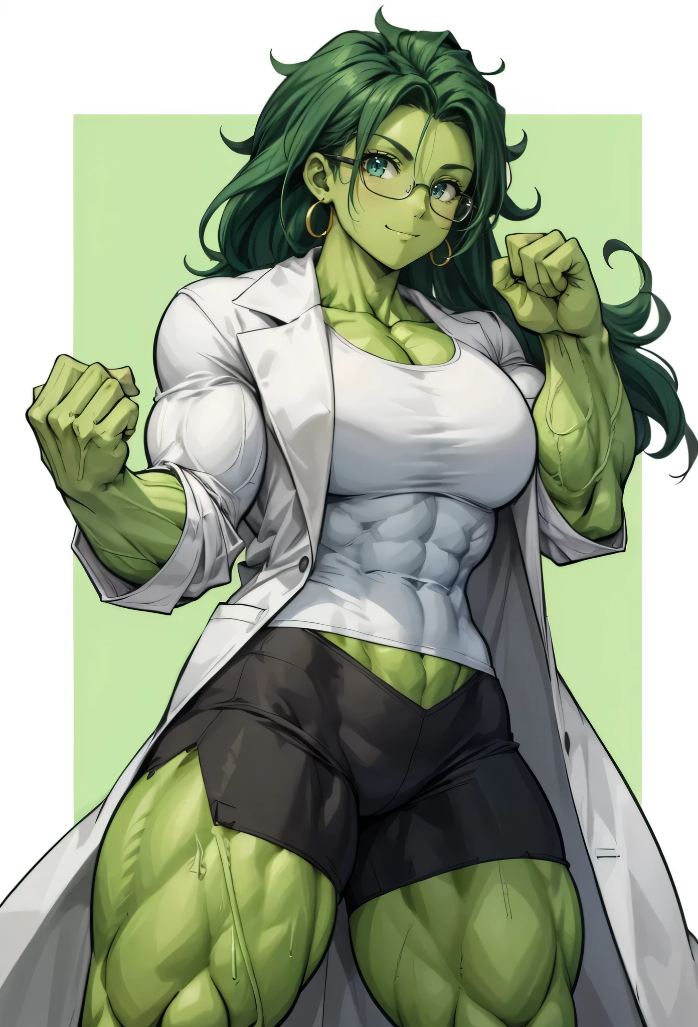 girl,best quality,green skin,hulk girl,lab coat,torn clothes,,Glasses , she-hulk, she-hulk, muscular girl, Alternative muscle size, Bulky,Muscle legs,Hold the test strip, Portrait shoot,  The art of math, 