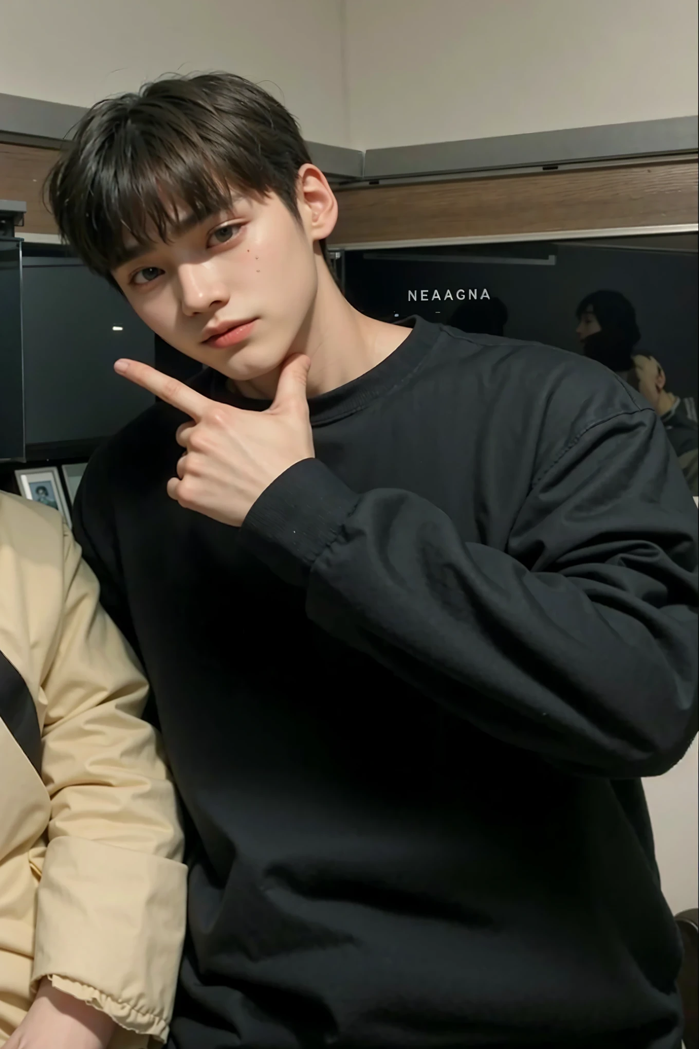 there is a man and a woman posing for a photo, Kim Doyoung, hyung tae, cai xukun, Jung Jaehyun, Yanjun Chengt, Jinyoung Shin, Wonbin Lee, taejune kim, Shin Jeongho, com dedo indicador, Hong junho hyung, Seseon Yoon, pintar ulzzang, jaeyeon nam, suave em _ o fundo