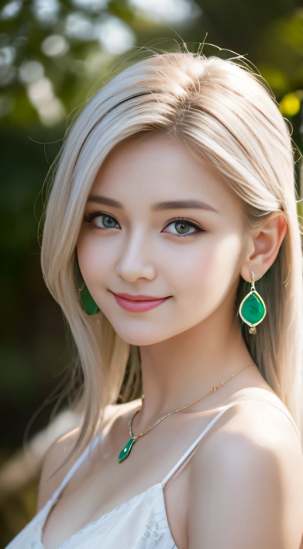 8K, on the table, original photo, best quality, lifelike, Highly detailed CG Unity 8k wallpaper, depth of field, film light, lens flare, Ray tracing, (extremely beautiful face, beautiful lips, beautiful eyes), Intricately detailed face, ((Super fine skin)) 1 girl in, in the darkness, deep shadow, cute , ((looking at the audience)), (seductive smile), (blurred background), earrings, bracelet, necklace, clear eyes, Frontal shooting, (pale skin), face forward, (big eyes), (upper body shot), (camel toe), White的頭髮、blue eyes、White、Winters、green trees々、Sunlight