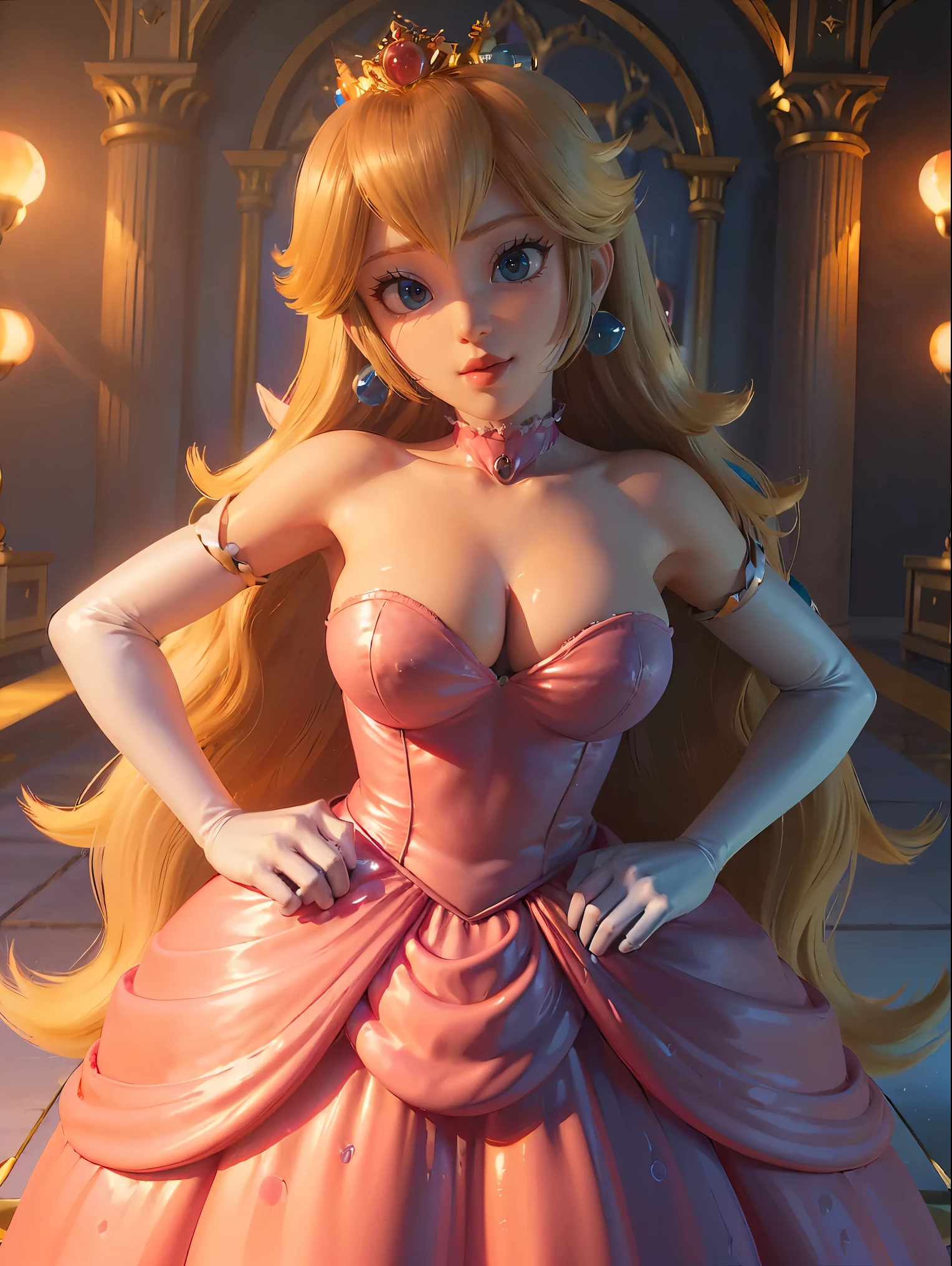 Princess Peach \(Mario Bros\), (Ela tem grandes olhos azuis brilhantes), (pele clara), (pele realista), (Glossy and pink lips), (((longos cabelos loiros lisos))), (Dark shadows compose), ((Seios muito enormes, Rosa )), (coxas grossas), (Corpo fino perfeito), ((completely naked, mamas expostas, exposto)), (coroa), ((Posing sexy in peach princess castle)), (master part, High definition, Volumetric lights and dynamic shadowaster part)), (8k), (rosto perfeito), (Ultra Detalhes) (perfect hands, olho, e rosto), ((sorriso sexy))