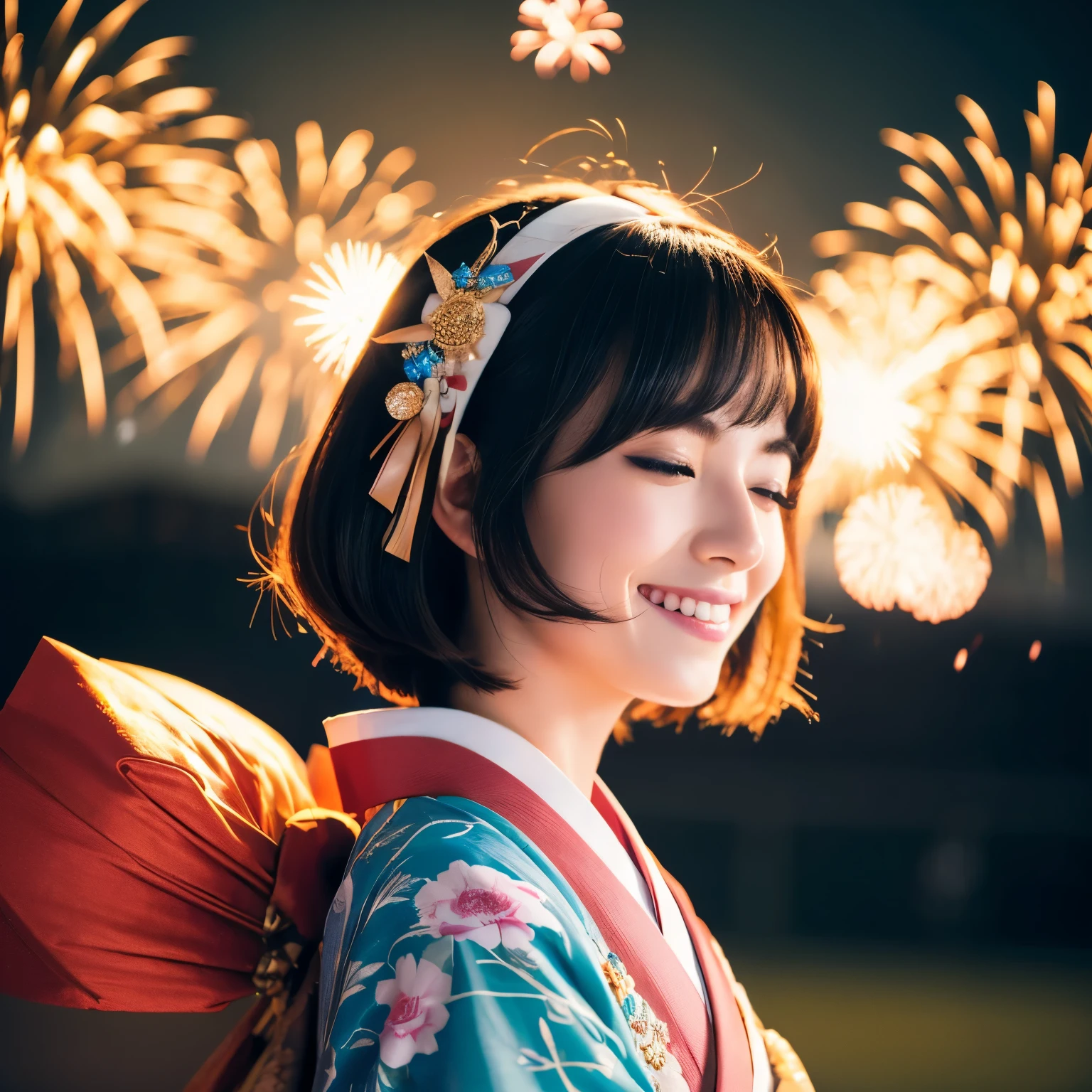 High resolution, (masterpiece: 1.4), Super detailed, (1 female: 1.3), (alone: 1.4), firework, short bob, short bob, kimono, think back, Close ~ eyes, smile, light, Makoto Shinkai style, super close up of face, Ultra-fine illustration, Bright colors, cinematic light, exciting light production, attention to detail, Bright colors, hairpin, kimono, Large lateral breasts, think back, Happy, smile, from below,Pussy