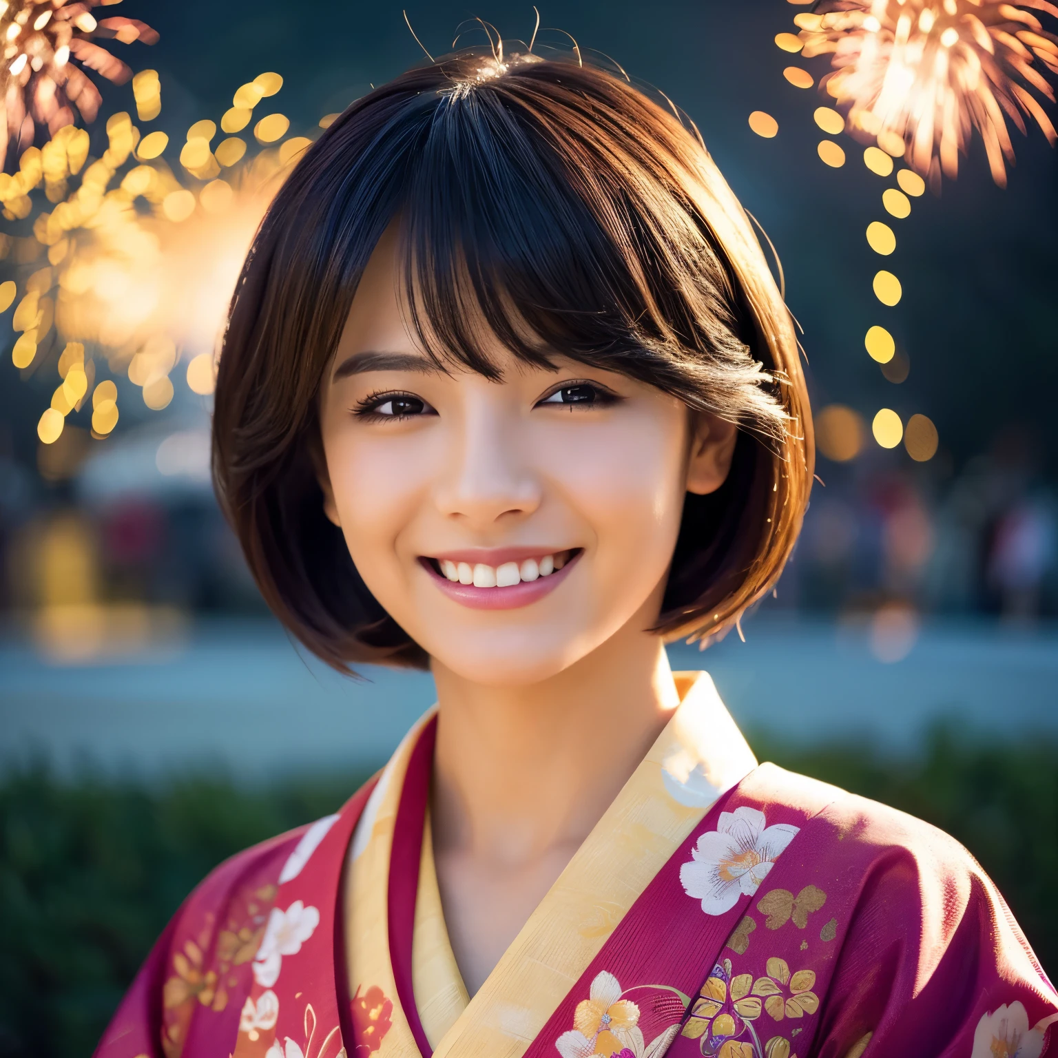 High resolution, (masterpiece: 1.4), Super detailed, (1 female: 1.3), (alone: 1.4), firework, short bob, short bob, kimono, think back, Close ~ eyes, smile, light, Makoto Shinkai style, super close up of face, Ultra-fine illustration, Bright colors, cinematic light, exciting light production, attention to detail, Bright colors, hairpin, kimono, Large lateral breasts, think back, Happy, smile, from below,Pussy