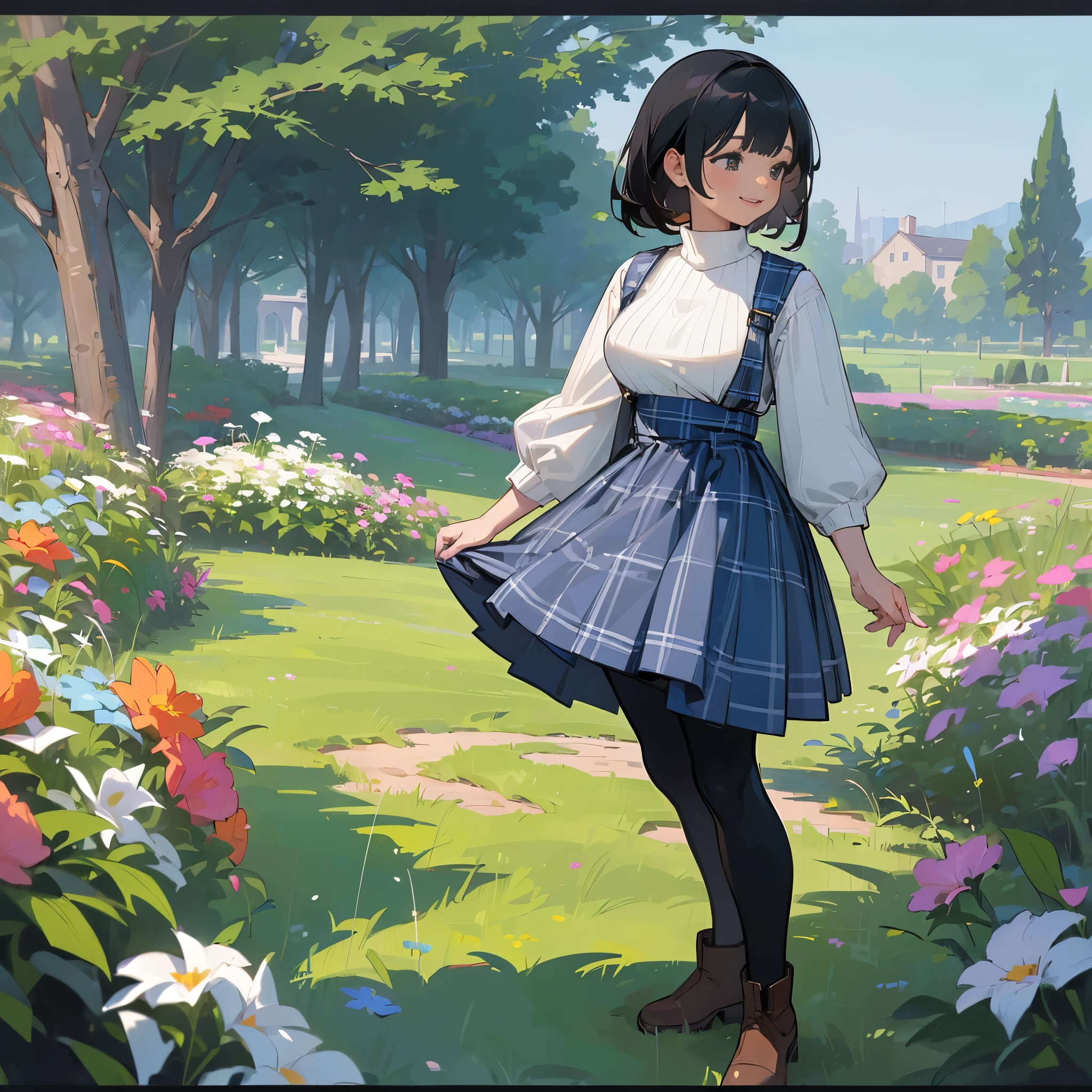 (high quality, High resolution, Super detailed, reality:1.37), peaceful atmosphere, (outdoor, garden), teenage girl standing alone, (my breasts are big.), Beautiful detail features, cute smile, (black bob hair), ribbed sweater, blue plaid skirt, black tights, brown boots.