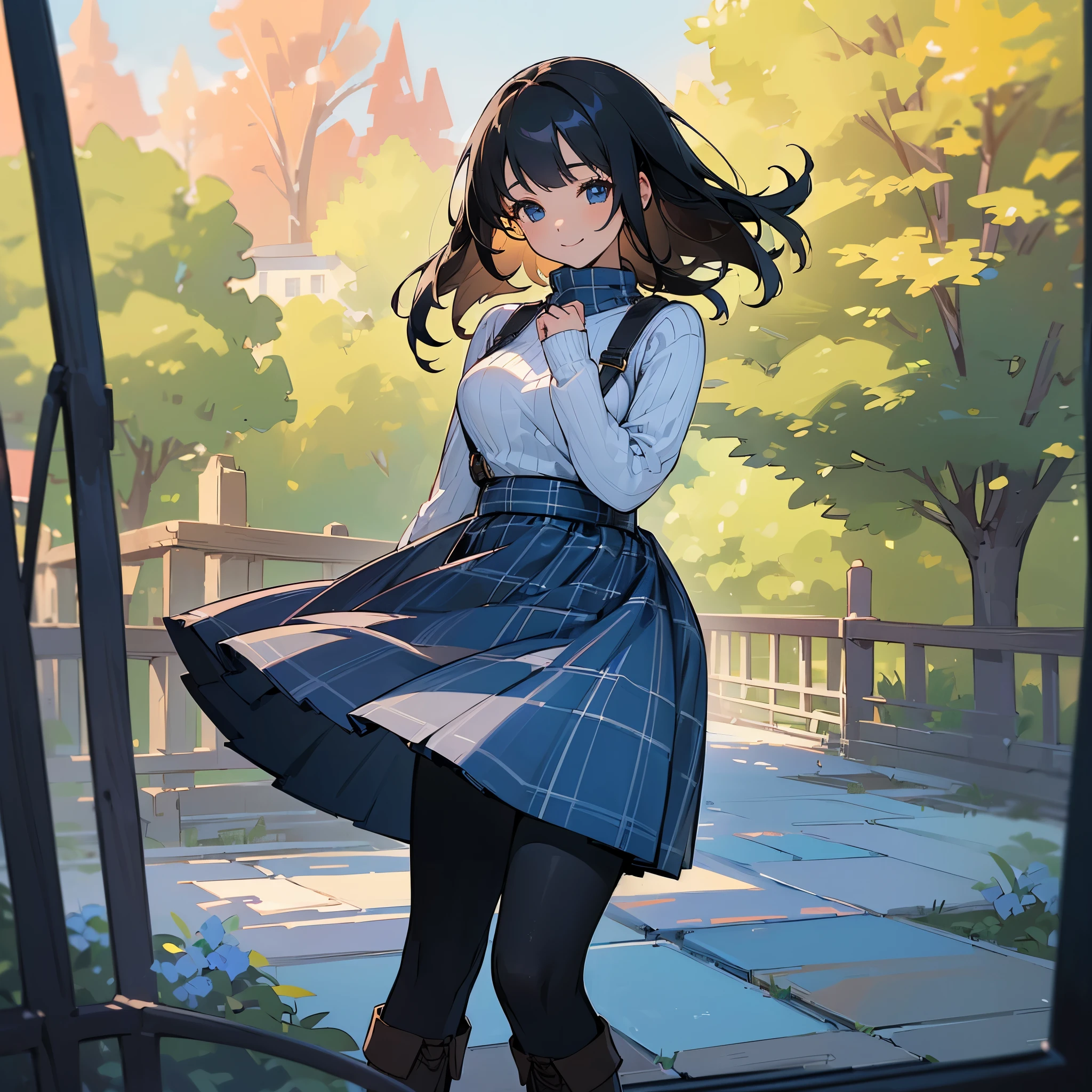 (high quality, High resolution, Super detailed, reality:1.37), peaceful atmosphere, (outdoor, garden),  girl standing alone, (my breasts are big.), Beautiful detail features, cute smile, (black bob hair), ribbed sweater, blue plaid skirt, black tights, brown boots.