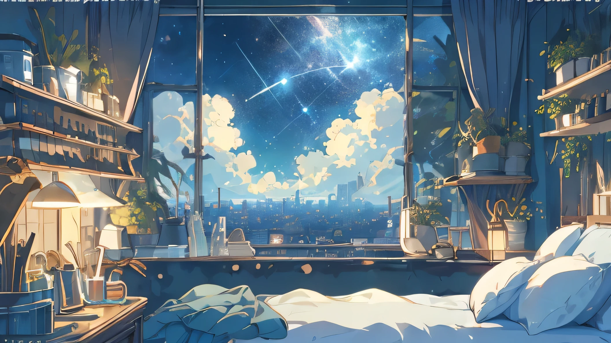 (Masterpiece:1.2), Best quality,with.com.pixiv,Cozy animation scene,
vision, a night, Window, There are no humans, sky, plant, a night sky, Pillow, cityscape, bed, star (sky), to write, chair, clouds, to writeshelves, city, sheep, building, inside, potted plant, starry sky, city lights, curtain, Copyright name, Artist name, skyscraper, shelves, bedroom, Watermark, about
 