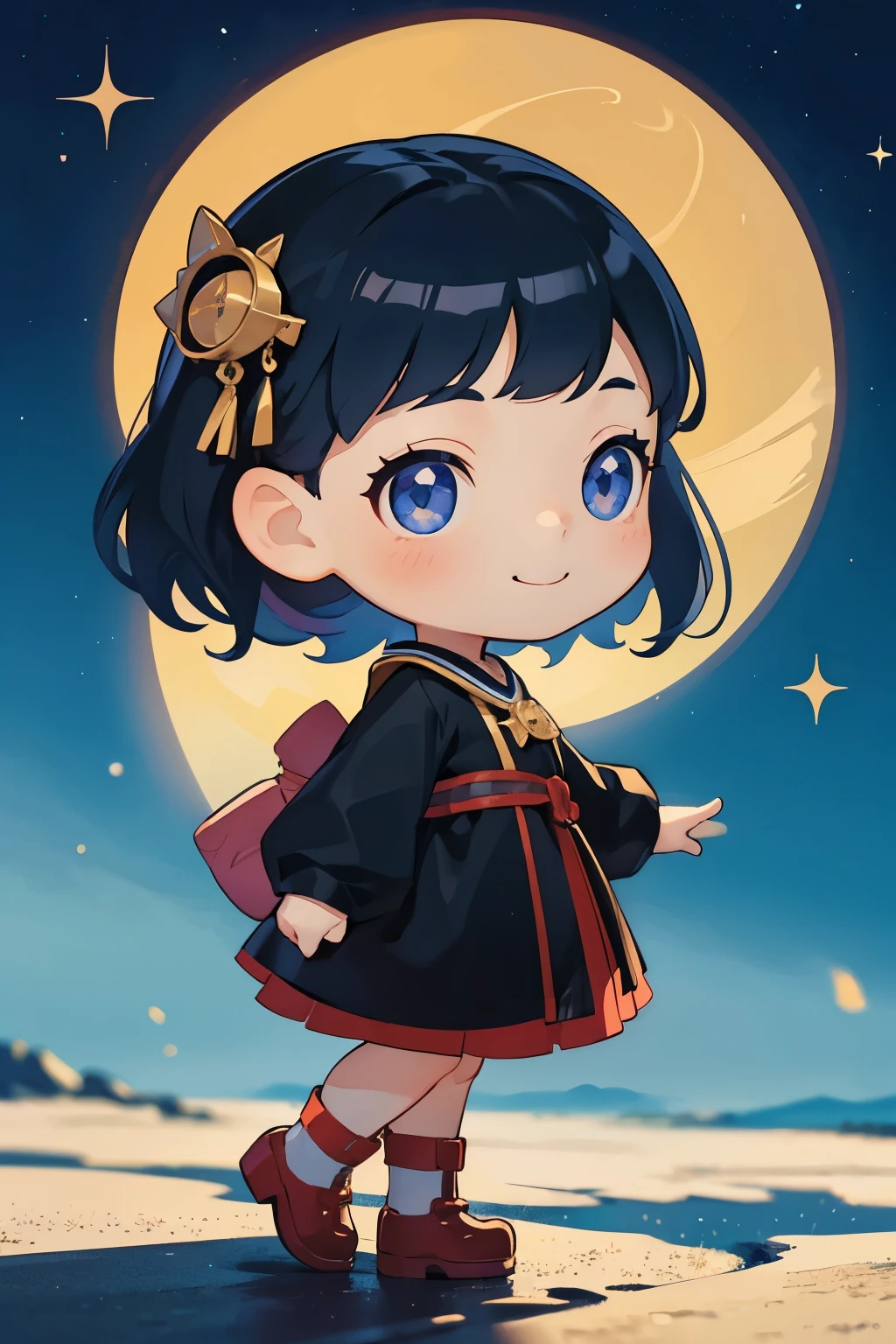 The following scenes will be expressed using chibi girl dolls.(Photoreal、Looking up at the stars in the night sky and pointing、eye up、smile、Take a photo from the side)