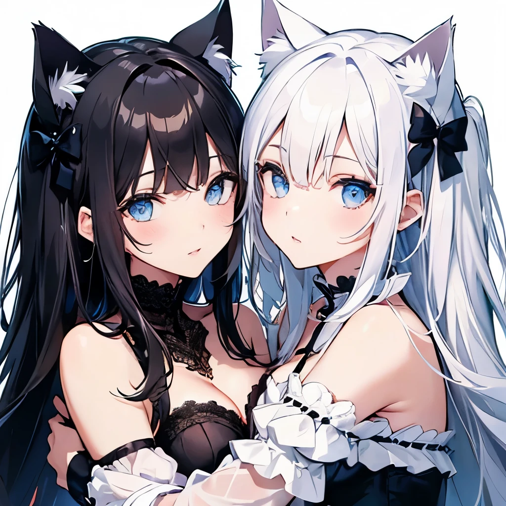 Twins, similar appearance, cat ears, blue eyes, the first one has white hair and white lace clothes, the second one has black hair and black lace clothes, their cheeks are pressed together, they hug each other, close-up of their faces