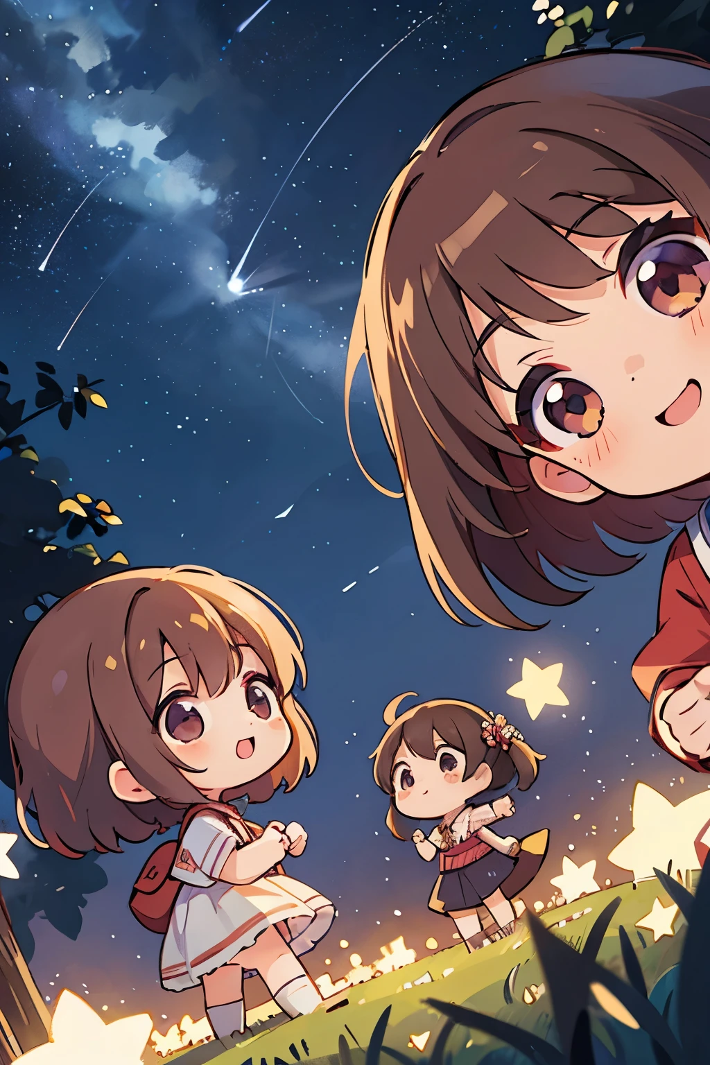 The following scenes will be expressed using chibi girl dolls.(Photoreal、Looking up at the stars in the night sky and pointing、eye up、smile、Take a photo from the side)