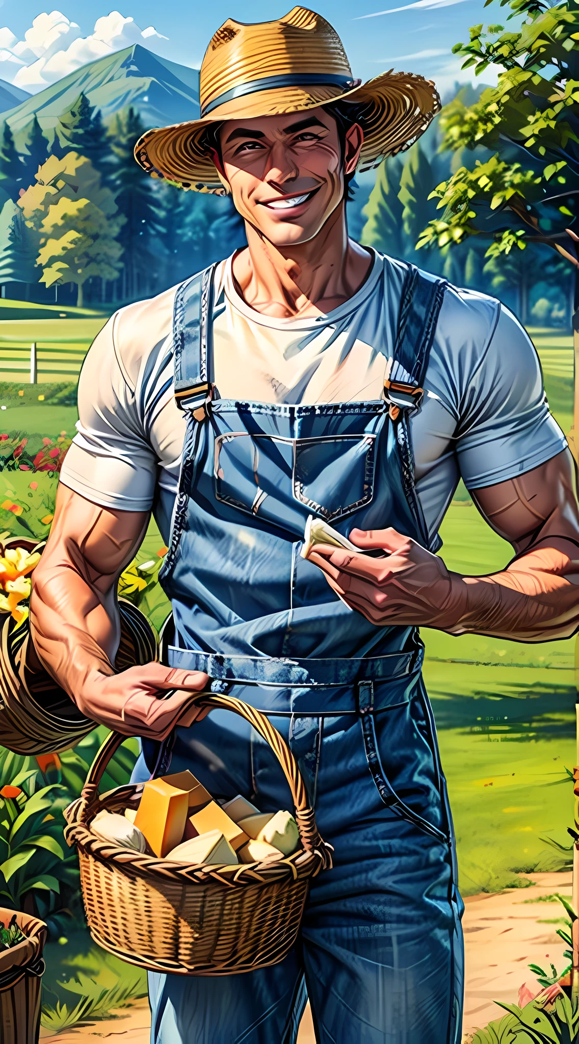 muscular farmer man in white shirt and denim overalls, smiles while wearing hat and apron, segurando uma cesta de vime cheia de manteiga.