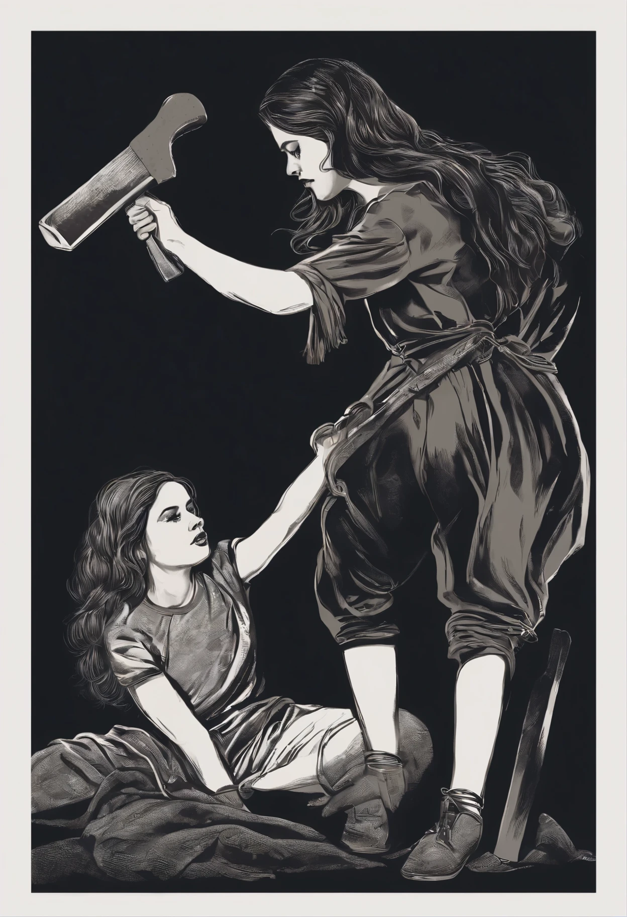 a line drawing, lineart, linework, 1 woman standing and putting a foot on 1man who is kneeling on the ground, pose victory