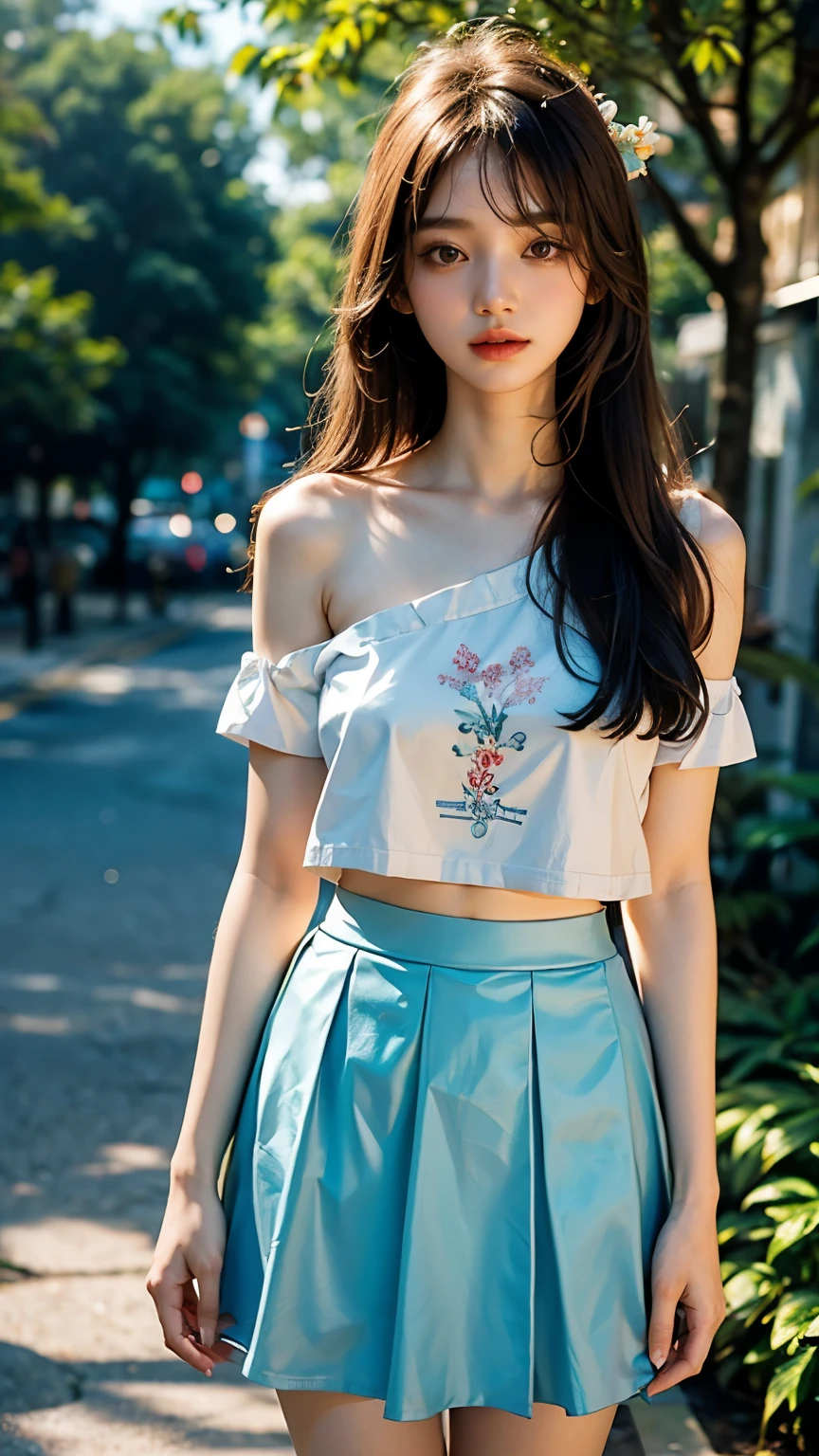 Korean beautiful girl, Straight straight hair, hair bang, ribbon hair pin, ideal tits, bare shoulder, cropped cyan t-shirts, skirt, white skin, silky skin, tree house flower blurred background, half body portrait,cinematic lighting