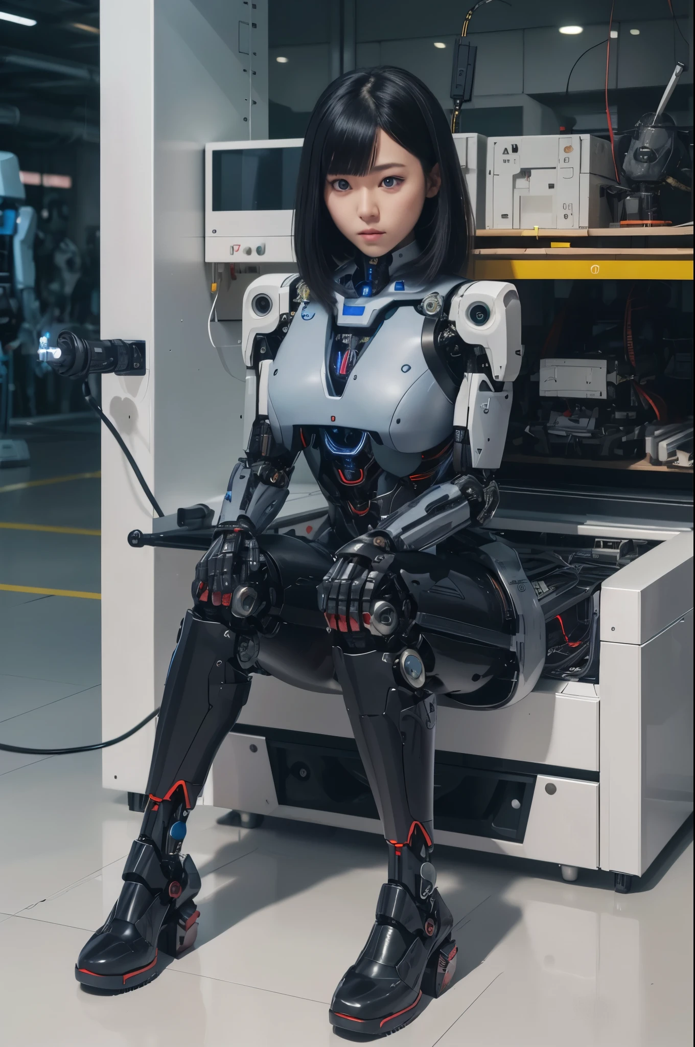 (photorealistic:1.4), (RAW photo)masterpiece, best quality, extremely detailed, (8K, 4K, Best Quality, hight resolution, 超A high resolution:1.1), 8K portrait,1girl in, Japaese android girl,announcer,Plump ,metallic robot girl,silver robot girl, control panels,android,Droid,Mechanical Hand, Robot arms and legs, Black hair,Mechanical body,Blunt bangs,White Robotics Parts,perfect robot woman,Charging spot,Long Tube,A thick cable was connected to her neck,android,robot humanoid,a bit chubby,full eyes,perfect mechanical silver body,silver robotics body,future assembly plant,She has repaired,black sponge joints,android assembly plant,android,laboratory,perfect machine body,metallic body,silver body,silver admen,The removable cover is in the groin,The connection port is in the groin,perfect mechanical breast,robotic body suits,