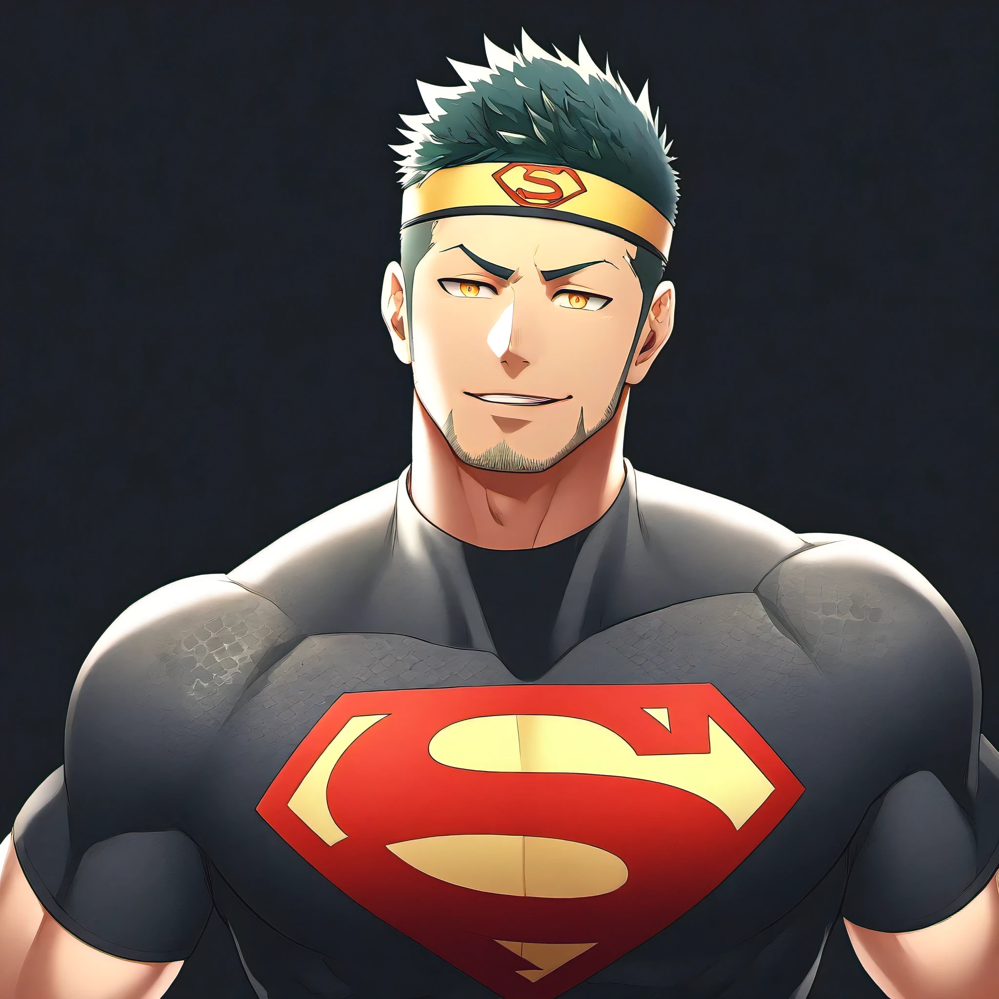 anime characters：Guy, priapus, 1 young muscular man, male focus, Sporty black headband, Gray-red turtleneck tight-fitting Superman T-shirt, Snakeskin textured T-shirt, emphasize, superman logo, muscular male, muscular, only, Upper body, alone, white short hair, stubble, yellow eyes, blink, black background, Simple background, amazing quality, best aesthetics, ridiculous, bright pupils, short hair, naughty face, torogao, open lips, best quality