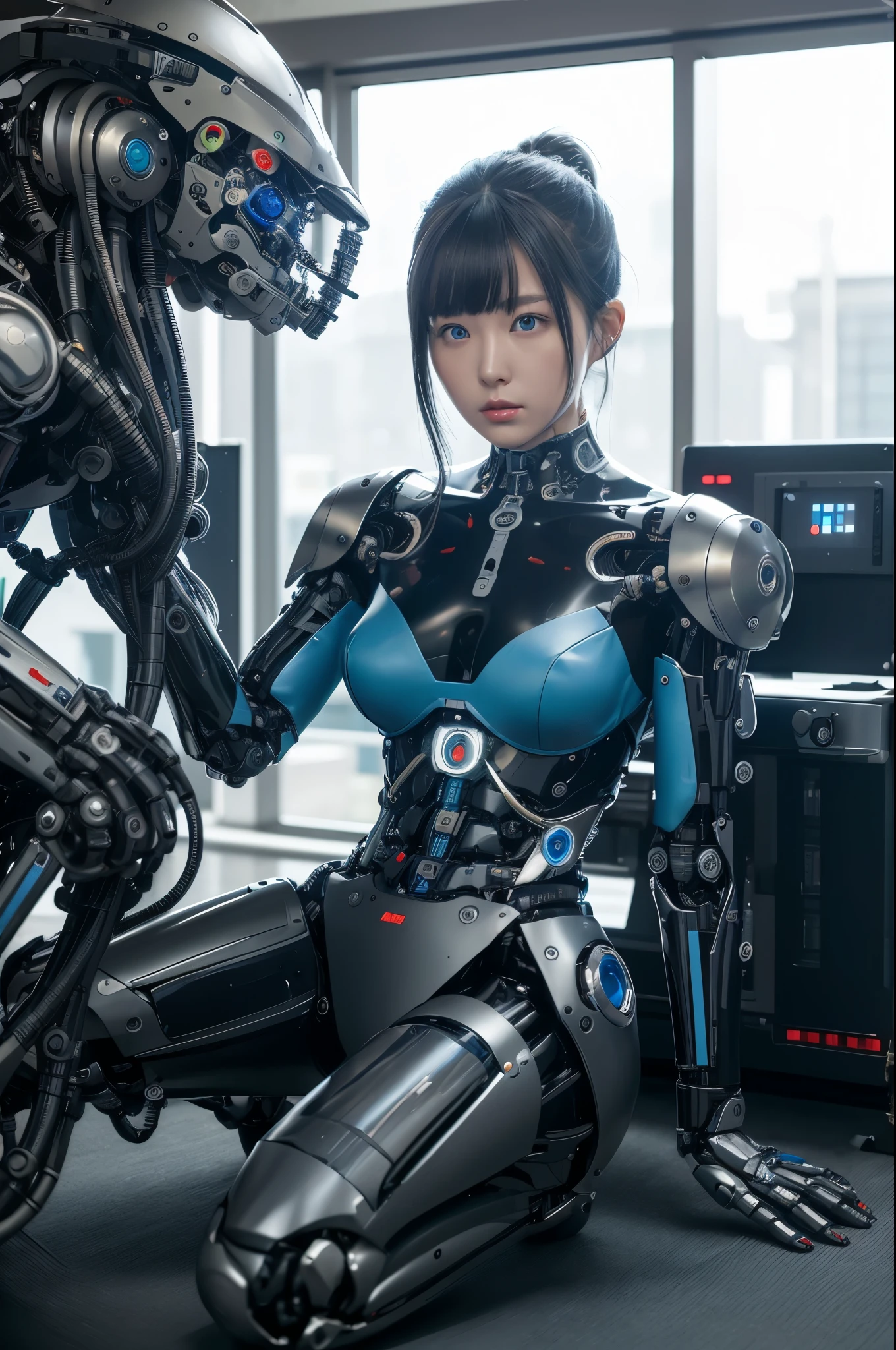 masterpiece, best quality, extremely detailed,8k portrait,Japaese android girl,Plump,control panels,android,Droid,Mechanical Hand, Robot arms and legs, Black Robot Parts,Black hair,Mechanical body,Blunt bangs,White robotics parts,perfect robot girl,long tube,thick cable connected her neck,ceramic body ,mechanical body,mechanical costume,android,robot,humanoid,cyborg,japanese android woman,mechanical chest,future laboratory,connecting a cable between the legs,(blue eyes:1.5)