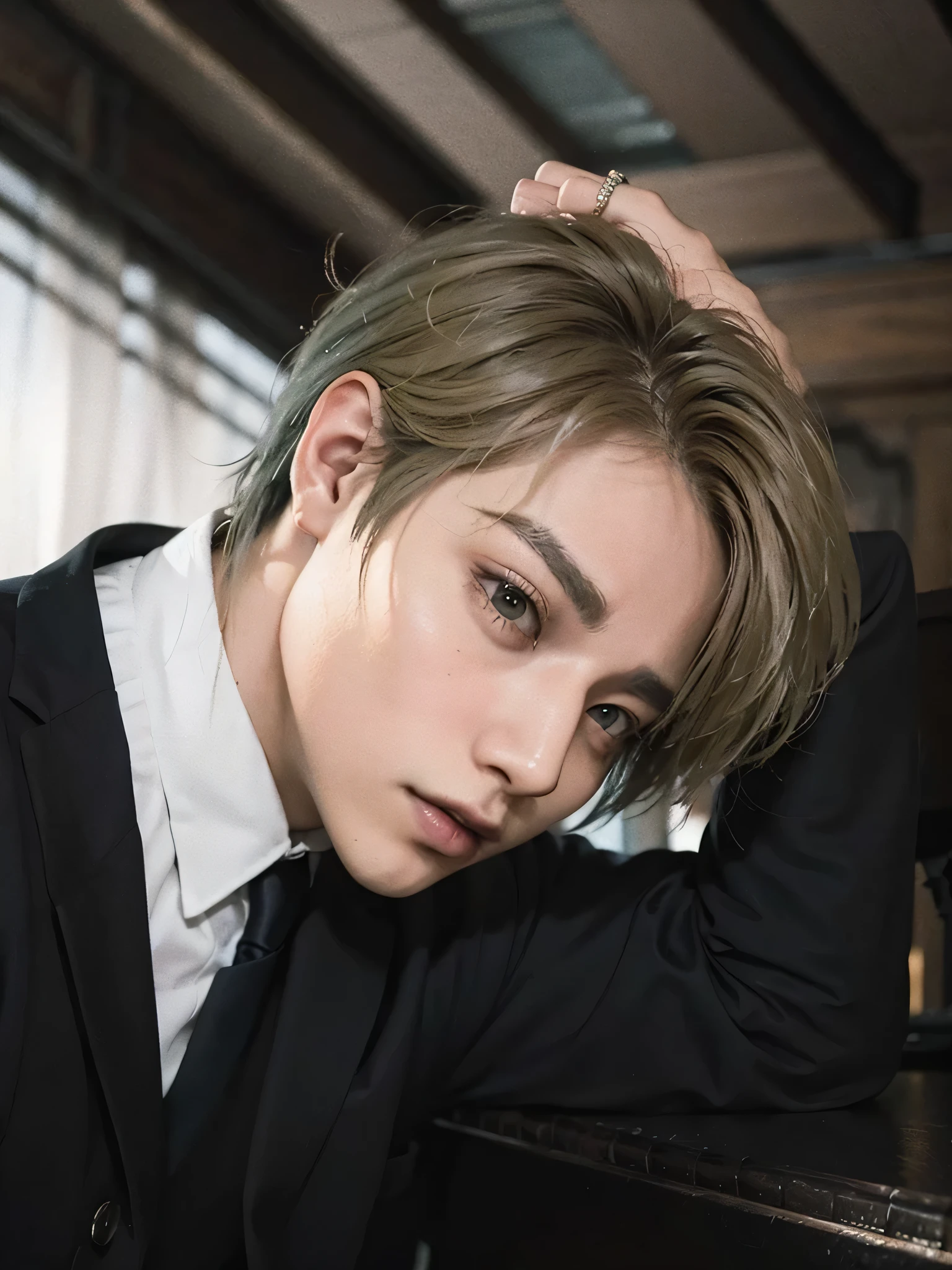 hay un hombre con traje y corbata apoyado en un piano, kpop idol portrait, Cai Xu Kun, jungkook, Juan Liebert mezclado con alucard, Juan Liebert, hyung tae, kim taejin, Retrato de Jossi de Blackpink, xqc, Jimin, art album, parque jimin, con pelo corto, inspirado en jeonseok lee