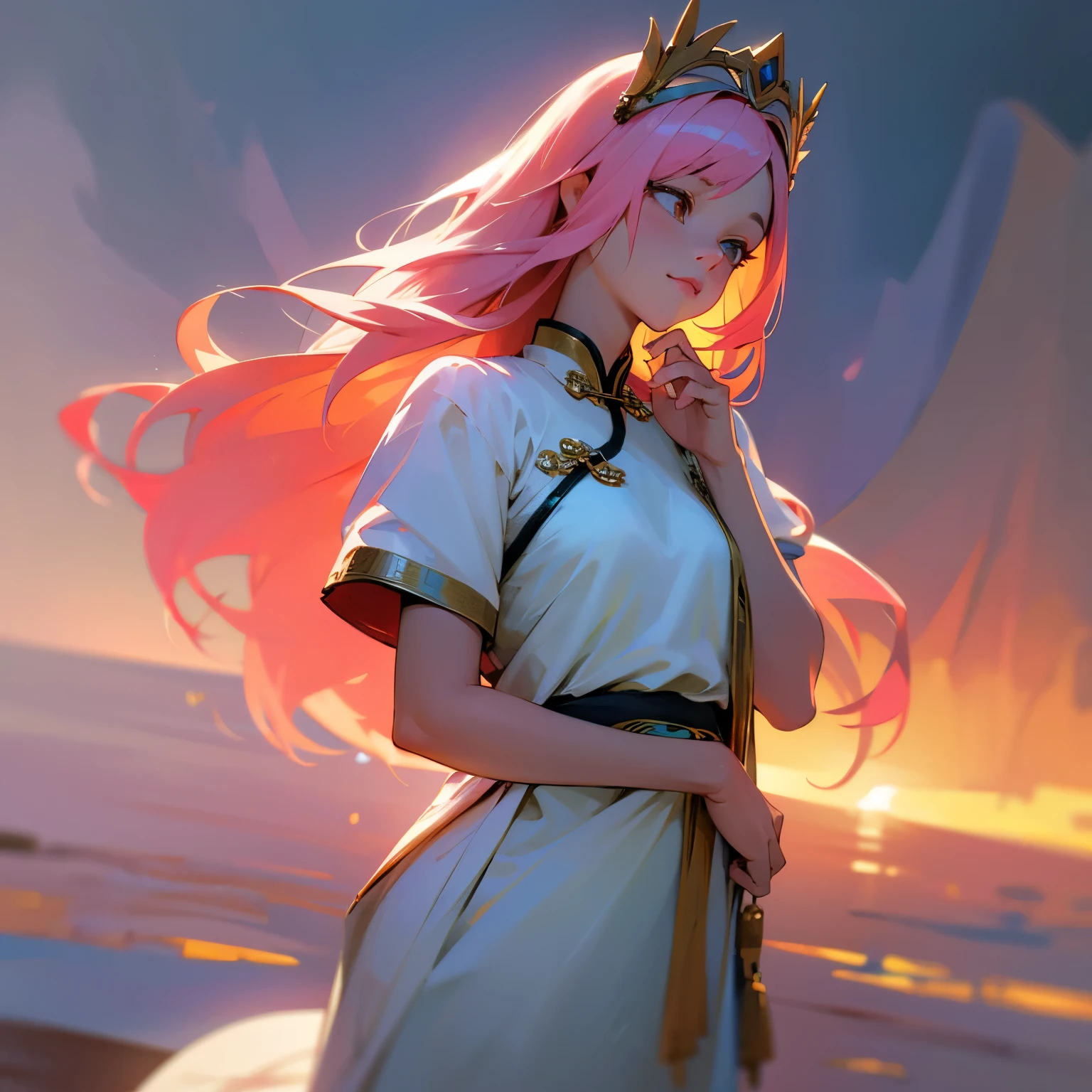 (best quality,4k,8k,highres,masterpiece:1.2),ultra-detailed,(realistic,photorealistic,photo-realistic:1.37),colorful,anime girl,long pink hair,pure white eyes,Chinese empress,cute expression,dainty smile,flowing dress,traditional Chinese hair accessories,lotus flower,pastel colors,elegant posture,serene background,soft lighting,vibrant palette,ethereal ambiance