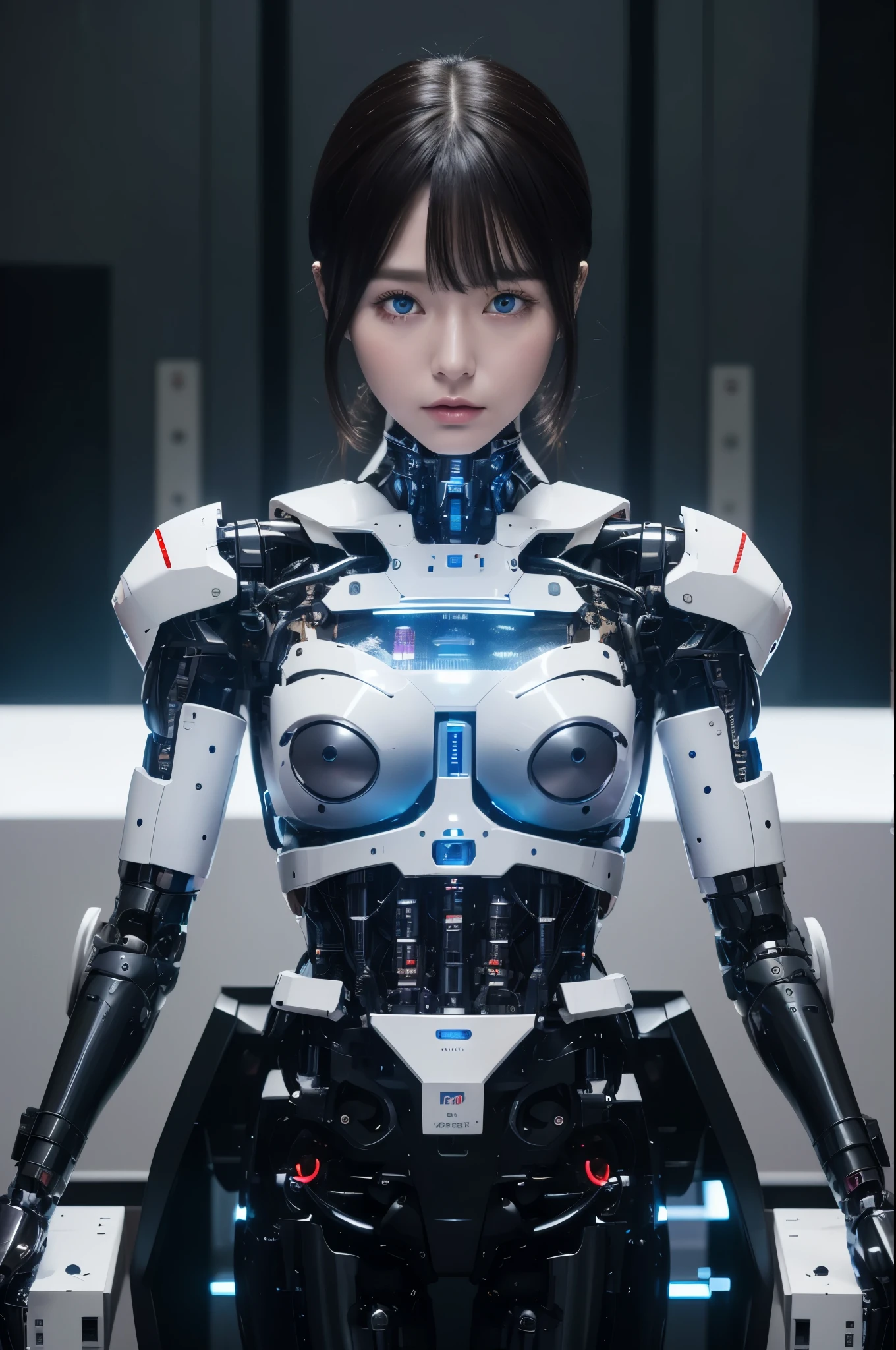 masterpiece, best quality, extremely detailed,8k portrait,Japaese android girl,Plump,control panels,android,Droid,Mechanical Hand, Robot arms and legs, Black Robot Parts,Black hair,Mechanical body,Blunt bangs,White robotics parts,perfect robot girl,long tube,thick cable connected her neck,ceramic body ,mechanical body,mechanical costume,android,robot,humanoid,cyborg,japanese android woman,mechanical chest,future laboratory,connecting a cable between the legs,(blue eyes:1.5)