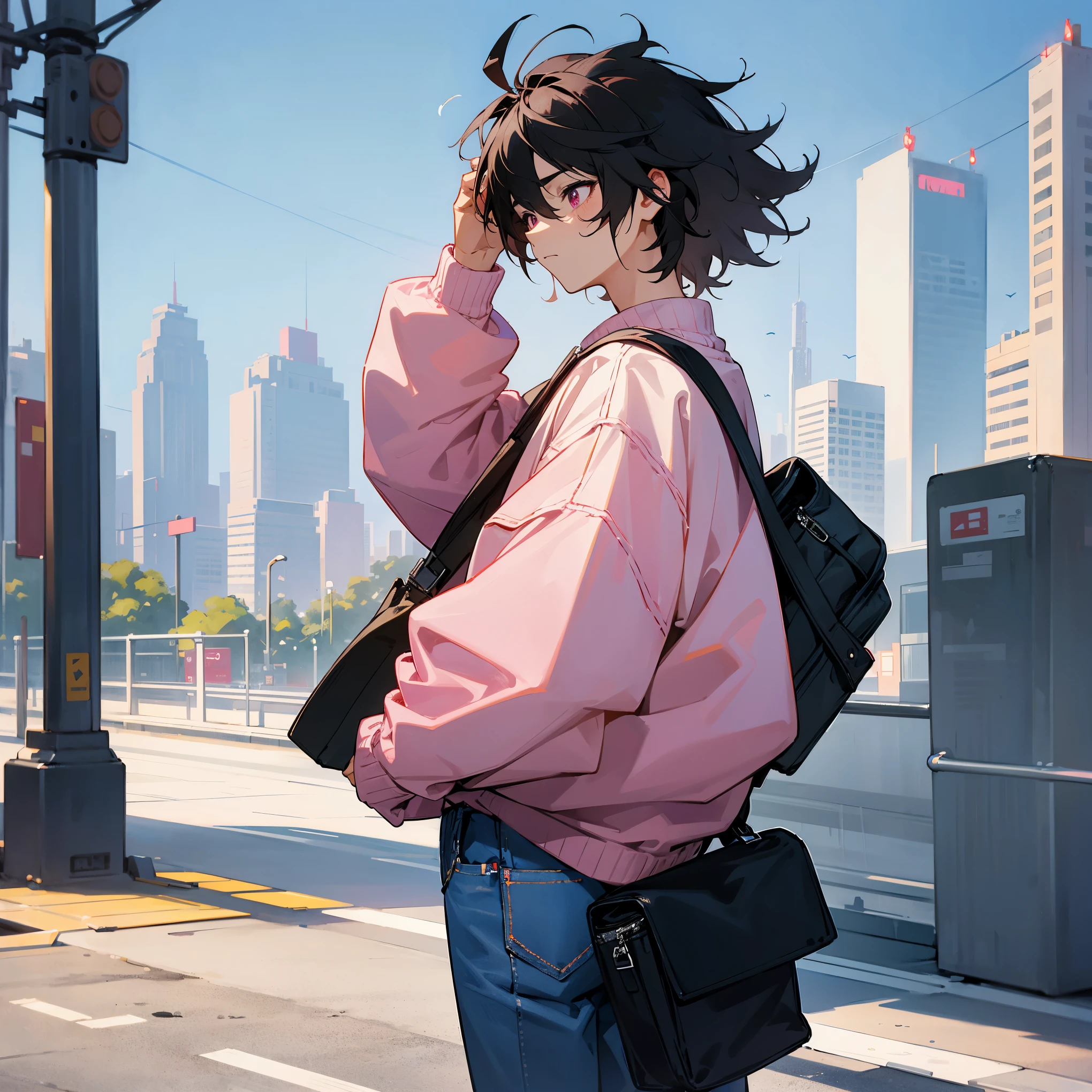 1male , Pink Eyes , Sad Expression , Black Hair , Messy Hair , Blue Jeans , Modern City Background , White Longsleeve Baggy Sweater, Tired Eyes , Standing on sidewalk , Adult Male , Carrying a thin and long instrument case on back