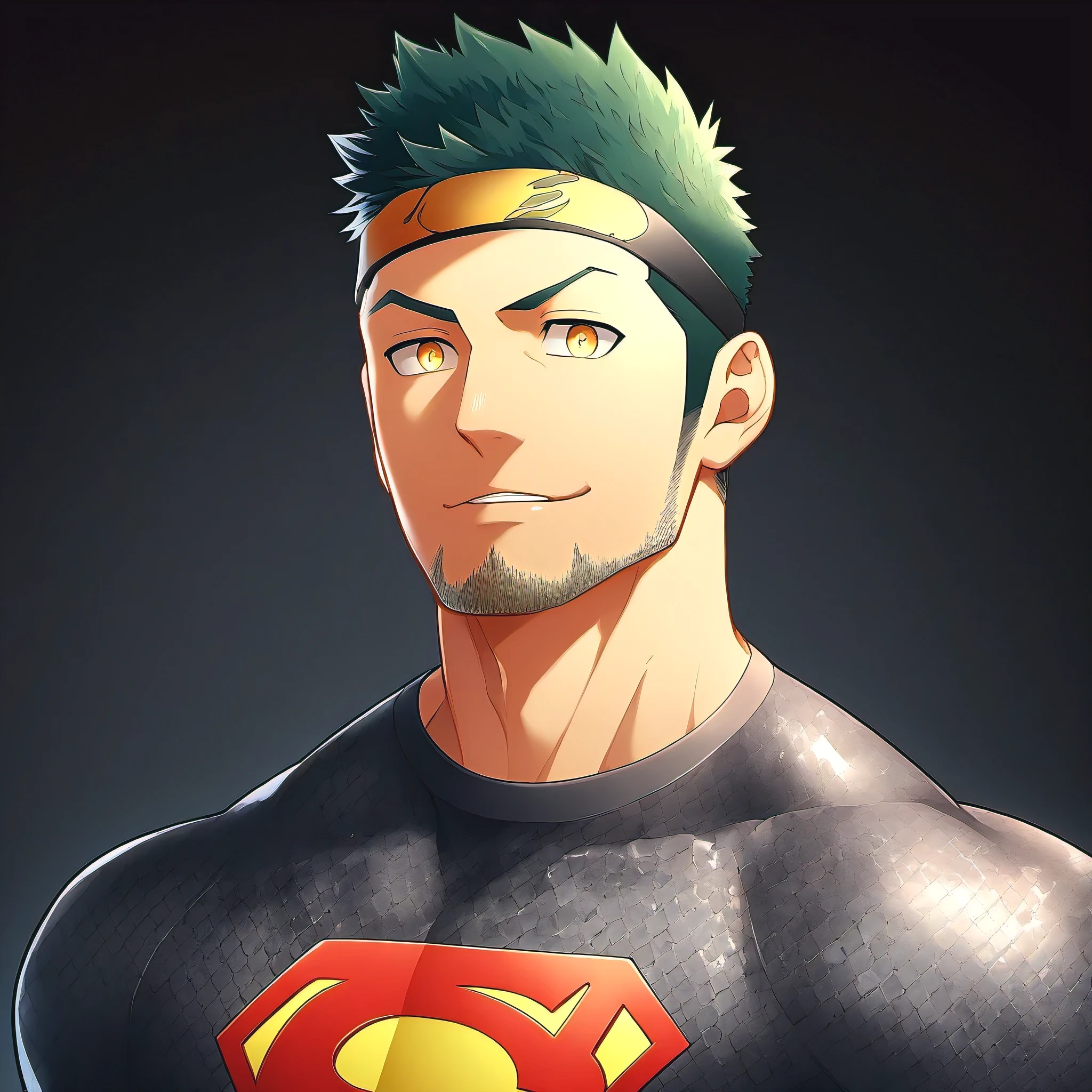 anime characters:Guy, priapus, ung muscular man, male focus, Sporty black headband, Gray-red turtleneck tight-fitting Superman T-shirt, Shiny snakeskin textured T-shirt, emphasize, superman logo, muscular male, muscular, only, Upper body, alone, white short hair, stubble, yellow eyes, blink, black background, Simple background, amazing quality, best aesthetics, ridiculous, bright pupils, short hair, naughty face, torogao, open lips, best quality