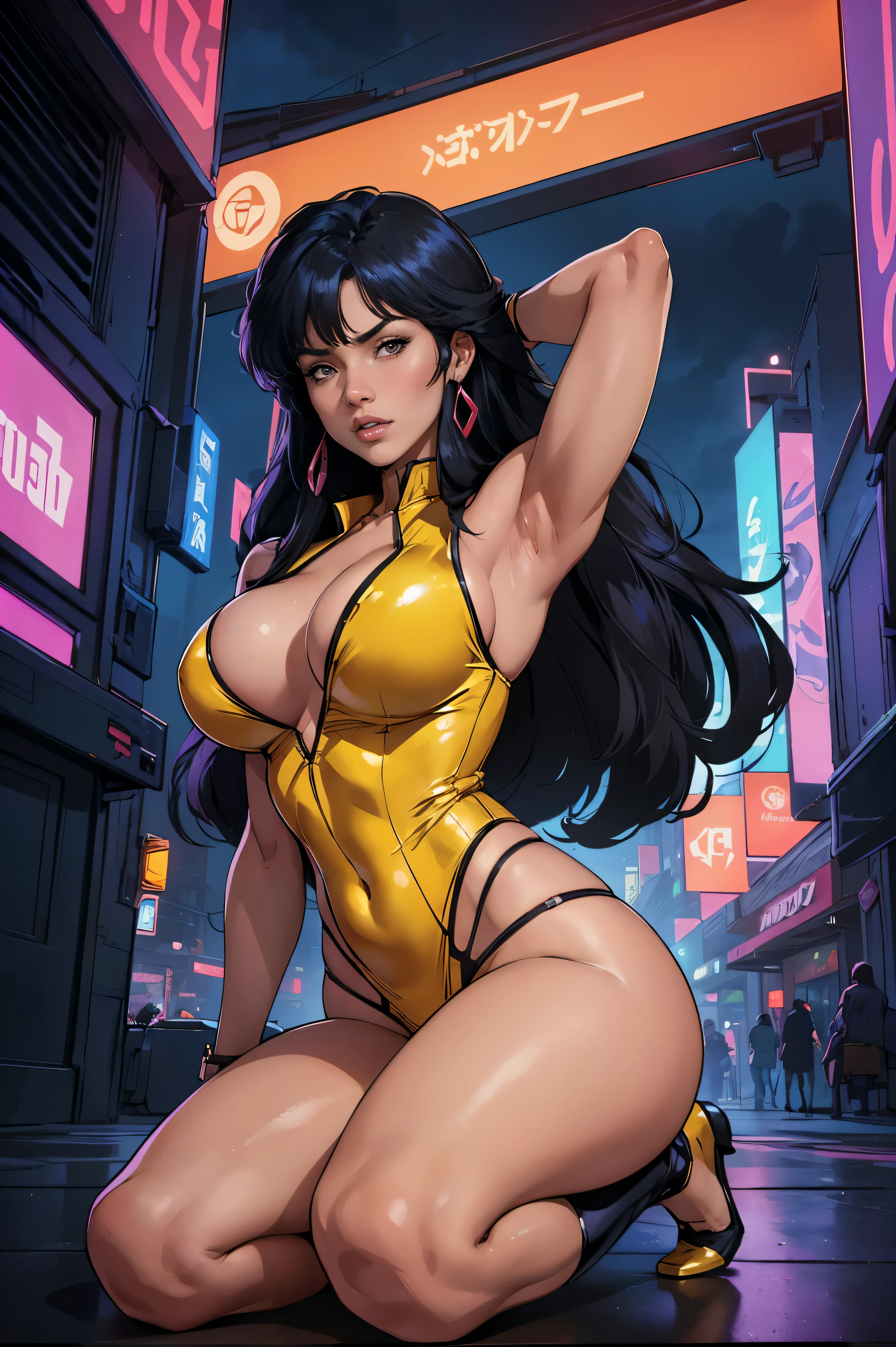 (best quality:1.2,highres,ultra-detailed), detailed face and body of Yuri from The Dirty Pair, stunning Asian beauty, expressive brown eyes, luscious lips, long flowing black hair, (skimpy yellow outfit), (revealing cleavage), confident and sexy pose, (cyberpunk-inspired city background), neon lights illuminating the scene, vibrant colors, (futuristic and edgy atmosphere), stylish and sleek architecture, dynamic angles and composition, (sci-fi and anime fusion), perfect balance between beauty and strength