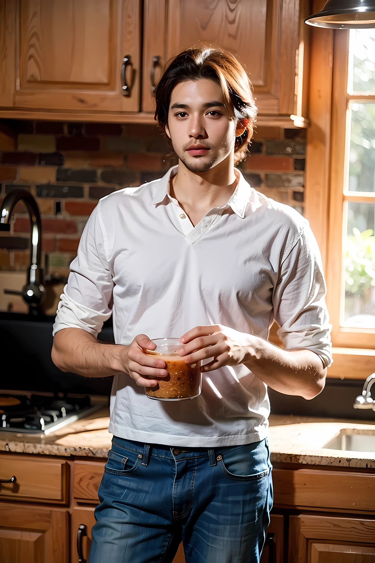 Realistic photography, handsome man , kitchen