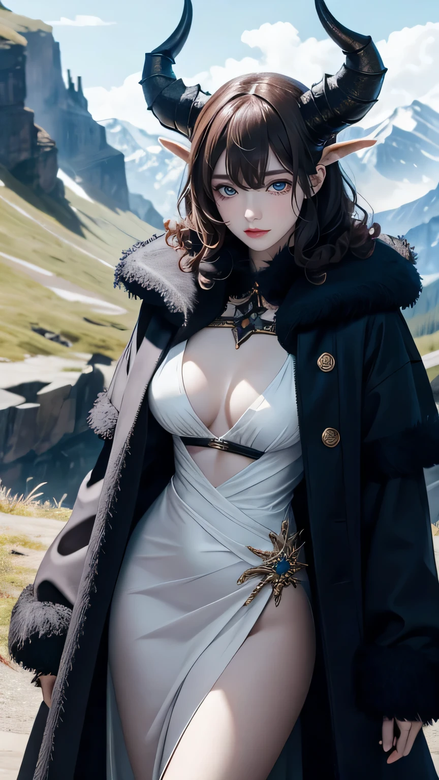 (((masterpiece))),((highest quality)),one beautiful girl,pale, (((A character that is a combination of human and demon.: 1.5))), (Horns grow from the head:1.5)、(Beautiful corner:1.5)、(curly hair:1.5)、(belly button)、((beast fur dress:1.5)),(private server), (exposure of skin),(The background is a rocky mountain:1.5).(((from the front:1.5)))、(straight front: 1.5)、