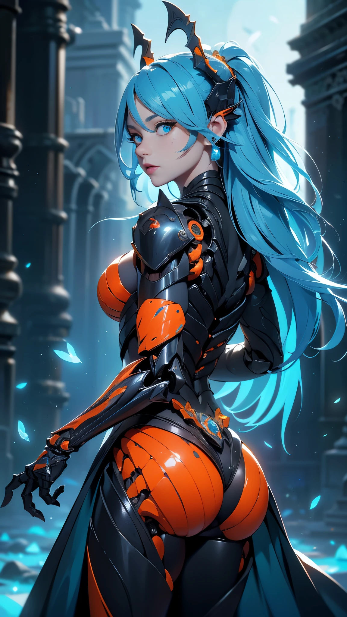 (rear view, backside view),,(La mejor calidad,A high resolution,Ultra - detallado,actual),Ariana Grande , retrato, (Superchica zombi de DC:1.4 ) , (biomechanical orange and lead :1.4 ) , robot complejo, crecimiento completo, Hyper realistic, Crazy little details, extremely clean lines, (cyberpunk aesthetic) , (obra maestra presentada en Zbrush Central) , brutalist gothic cathedral, ciberpunk, Foto premiada, bokeh, neon lights, cyber member, (pose vaquero) ,More detailed 8K.motor irreal:1.4,High Definition,La mejor calidad:1.4, fotorrealista:1.4, textura de la piel:1.4, obra maestra:1.8,obra maestra, mejor calidad,objeto Objeto], (rasgos faciales detallados:1.3), (Chemical laboratory ruins background.....:1.4 ), (ciberpunk 2.1), (perfect anatomy ), (hermosos ojos azules:1.4 ),( lenceria amarilla), (cabello azul),( fondo caverna piedras grandes:1.4), (Armadura de avispa Orange y plomo ciborg:1.4), (no mutaciones) 