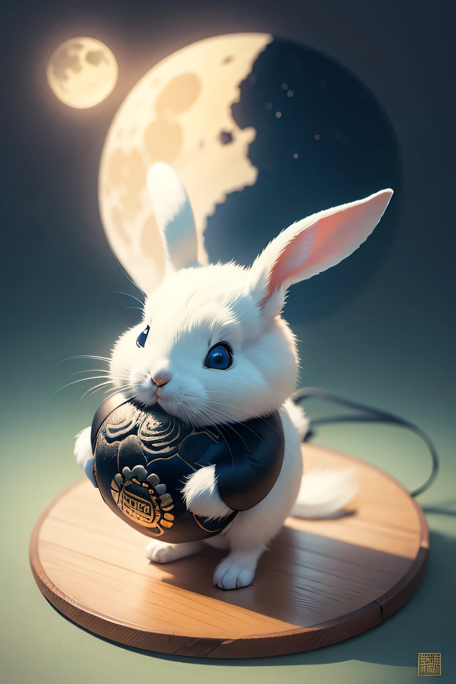 Little white rabbit holding big mooncake, blue background, Pixar style, Chinese style