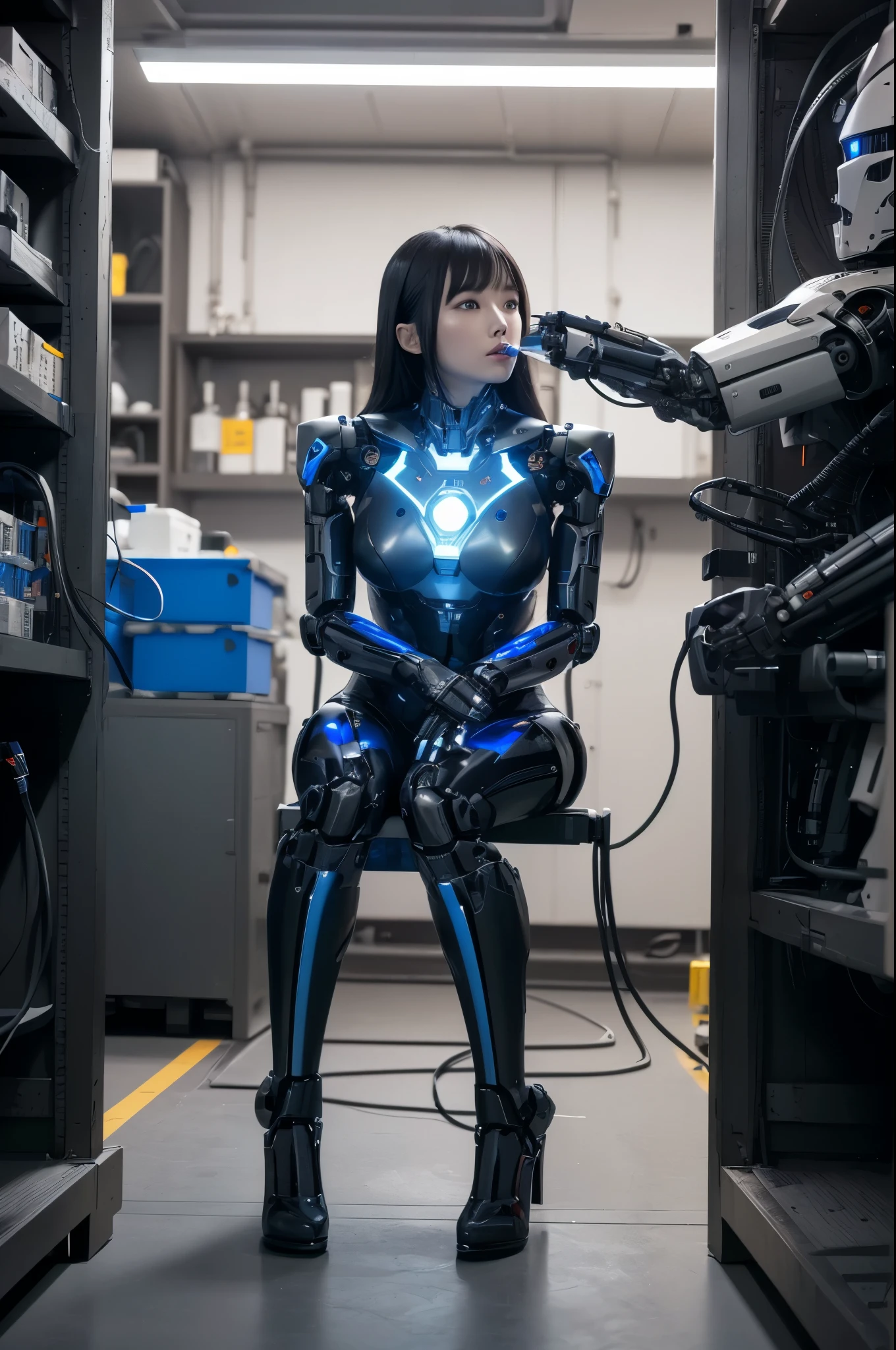 masterpiece, best quality, extremely detailed,8k portrait,Japaese android girl,Plump,control panels,android,Droid,Mechanical Hand, Robot arms and legs, Black Robot Parts,Black hair,Mechanical body,Blunt bangs,White robotics parts,perfect robot girl,long tube,thick cable connected her neck,ceramic body ,mechanical body,mechanical costume,android,robot,humanoid,cyborg,japanese android woman,mechanical chest,future laboratory,connecting a cable between the legs,（blue eyes:1.5）