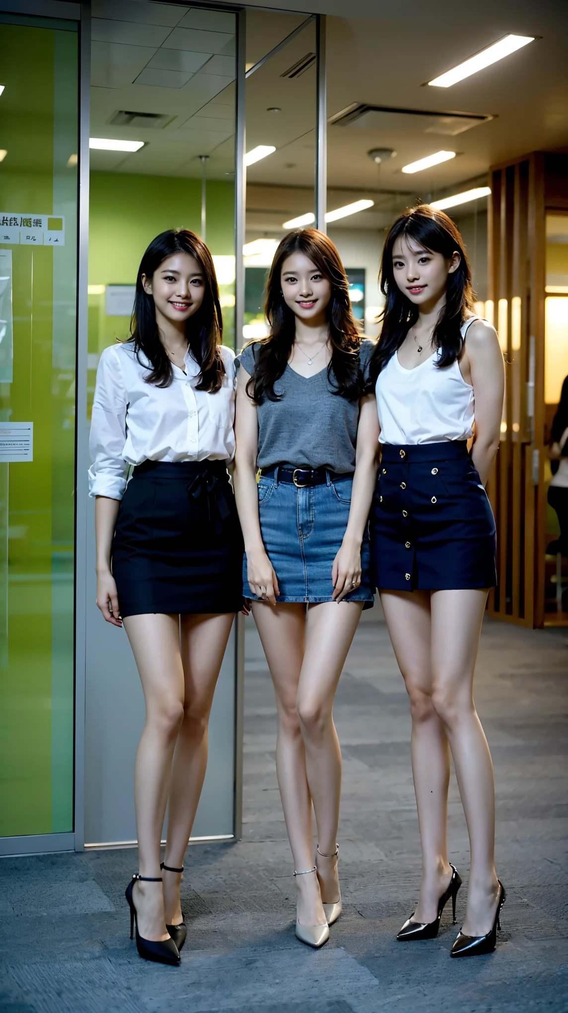 (highest quality, masterpiece, realistic, Super detailed, ultra high resolution, to be born:1.3), (3 girls:1.5), beautiful, Japanese, mature, 28yo, office workers, (tight knit, short skirt、I can see your pants), ({money| Silver| wine-red| navy| pink| yellow green| violet| sky blue} Clothes), (smile), (bangs), high waist, necklace, (office, indoor, glass room), (long legs, high heels, full body:1.2), (Medium chest:1.3), (crowd)