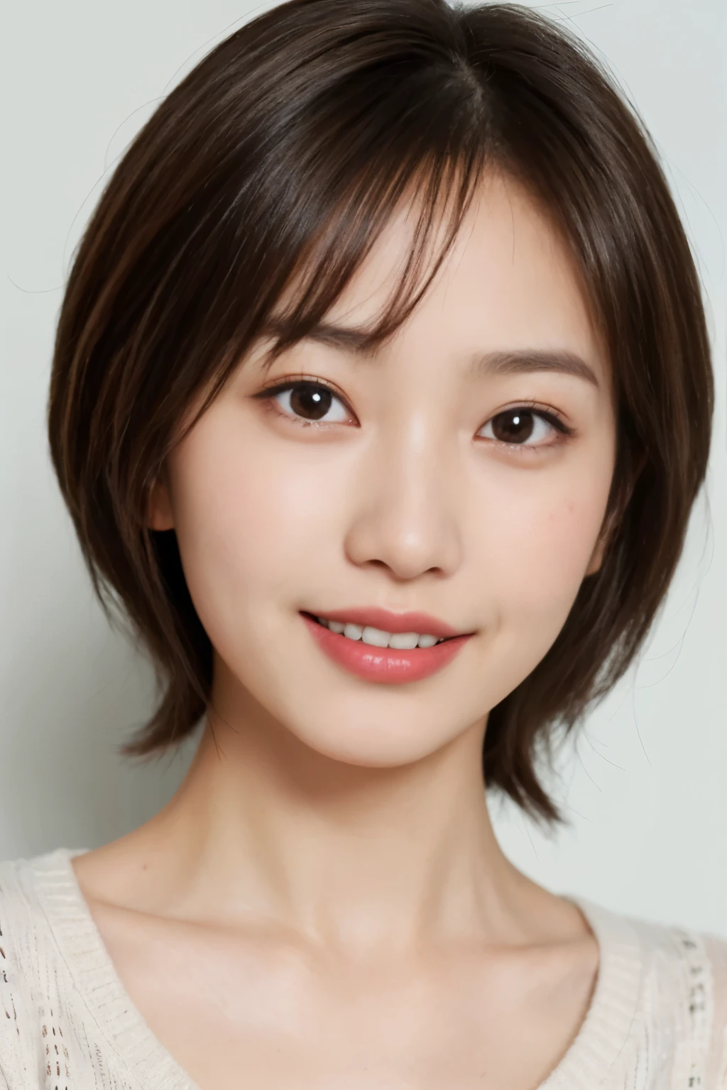 (nffsw, hight resolution:1.5, Best Quality, high details:1.5, Super Detail, Textured skin), (A Japanese Lady), (A MILF), (Upper body: 1.5), (Brown hair), (thin lipss:1.5) (Short hair), (aqua eyes), (Sauce order), (A smile), (Textured skin), (sweater)