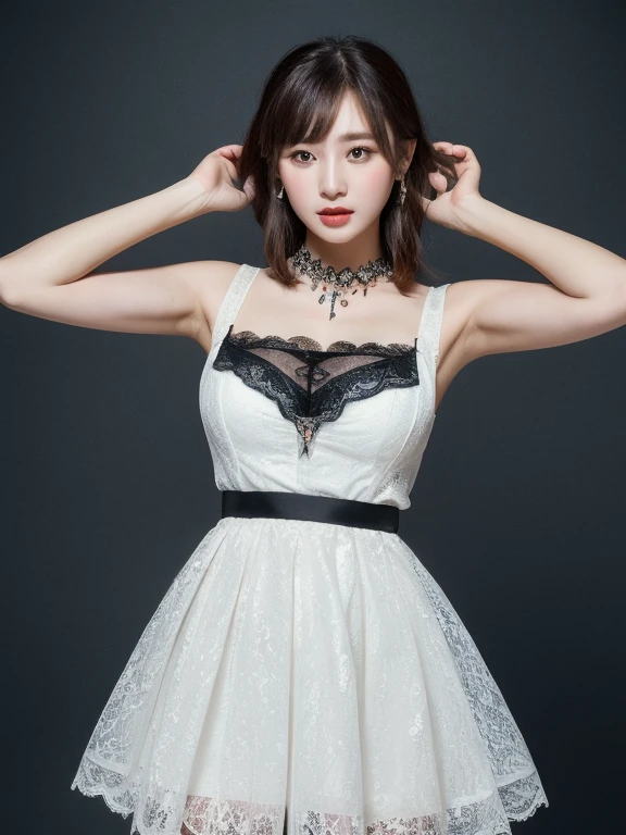 ((best quality, 8K, masterpiece: 1.3)), Upper body (1.3), huge (5), maid dress up，Hold your head high and chest high，Sling lace mini skirt，Black thin lace skirt，suspenders black，Smooth and delicate skin。