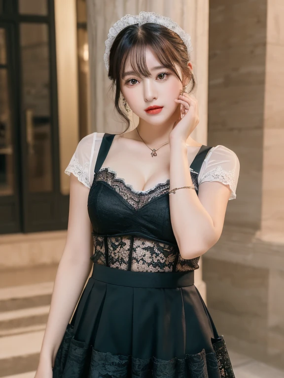 ((best quality, 8K, masterpiece: 1.3)), Upper body (1.3), huge (5), maid dress up，Hold your head high and chest high，Sling lace mini skirt，Black thin lace skirt，suspenders black，Smooth and delicate skin。