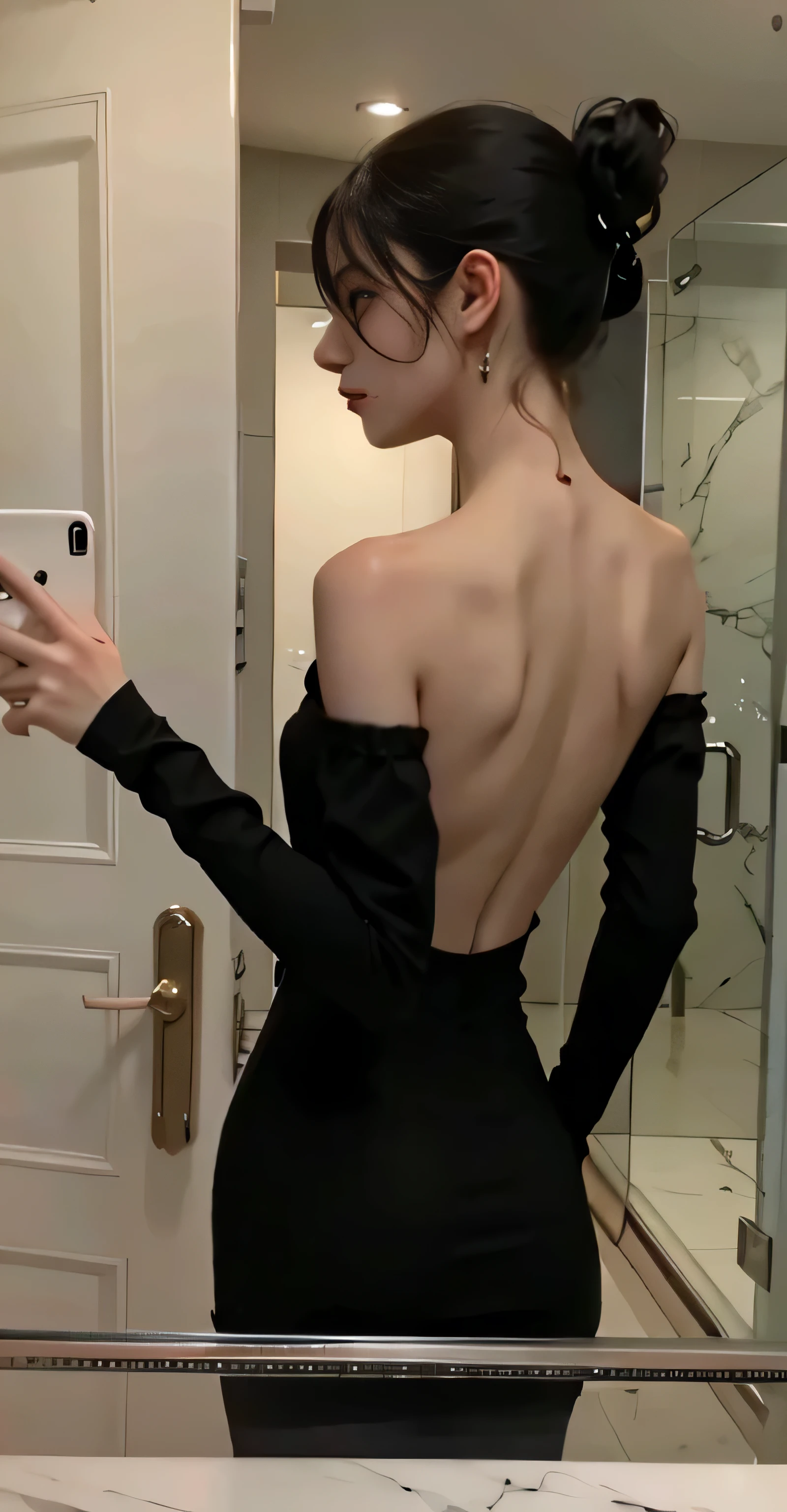 there is a woman in a black dress taking a selfie in a mirror, vestido con espalda abierta, hendidura trasera, vista trasera, vista trasera, showing her shoulder from behind, cuerpo completo extremadamente delgado, Backlight body, Vista from behind, visto from behind, vista trasera, postura de espalda, from behind, vestido sexy, en pleno crecimiento from behind, Tiro de vuelta