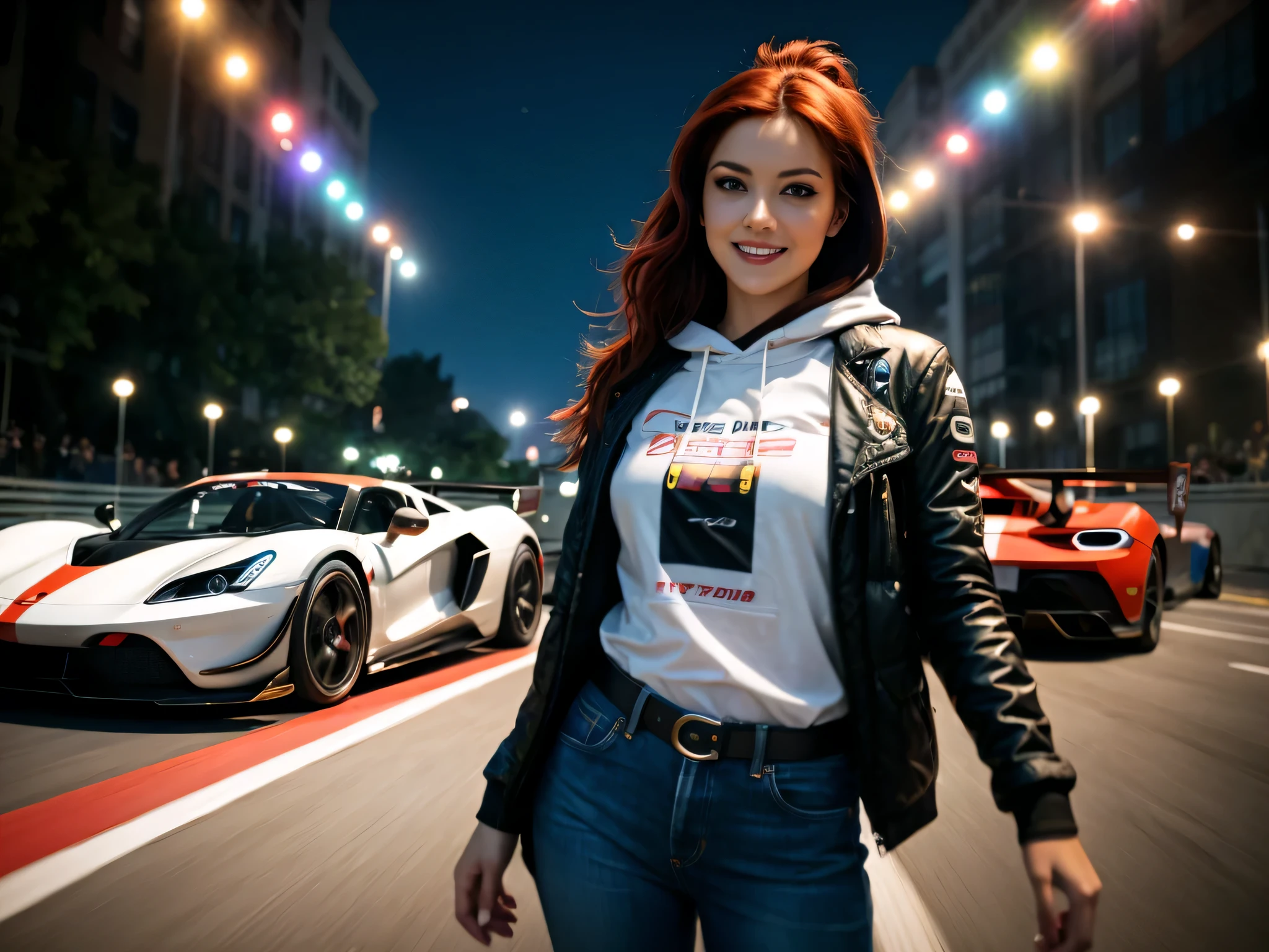 64K, UHD, super detail, best quality, best details, super realistic, photo realistic, 360 view, Ultra-Wide Angle, Wide-Angle, highly detailed race track, (an very attractive girl is standing in front of two detailed hyper cars, counting down to start the race, holding a small flag, lifting it when they pull away to race each other, wheels spinning, hyper car is racing full speed), (camera angle front wheel), ((showcasing the hyper car's power, motion blur, motion lines)), (detailed spinning tires, realistic tire smoke)