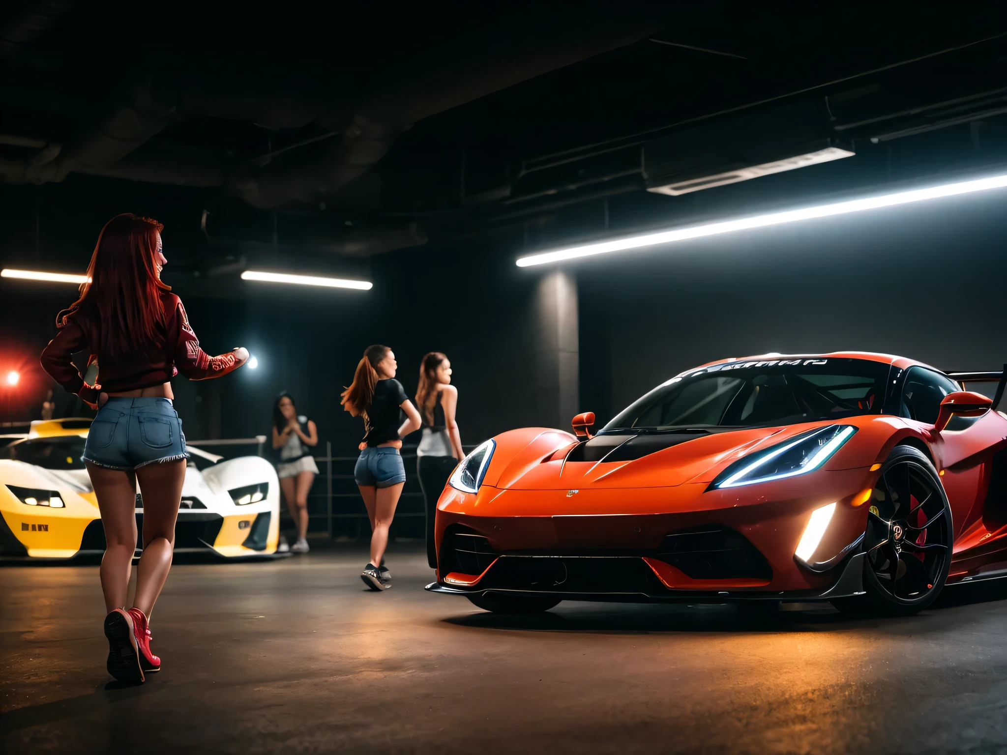 64K, UHD, super detail, best quality, best details, super realistic, photo realistic, 360 view, Ultra-Wide Angle, Wide-Angle, highly detailed race track, (an very attractive girl is standing in front of two detailed hyper cars, counting down to start the race, holding a small flag, lifting it when they pull away to race each other, wheels spinning, hyper car is racing full speed), (camera angle front wheel), ((showcasing the hyper car's power, motion blur, motion lines)), (detailed spinning tires, realistic tire smoke)