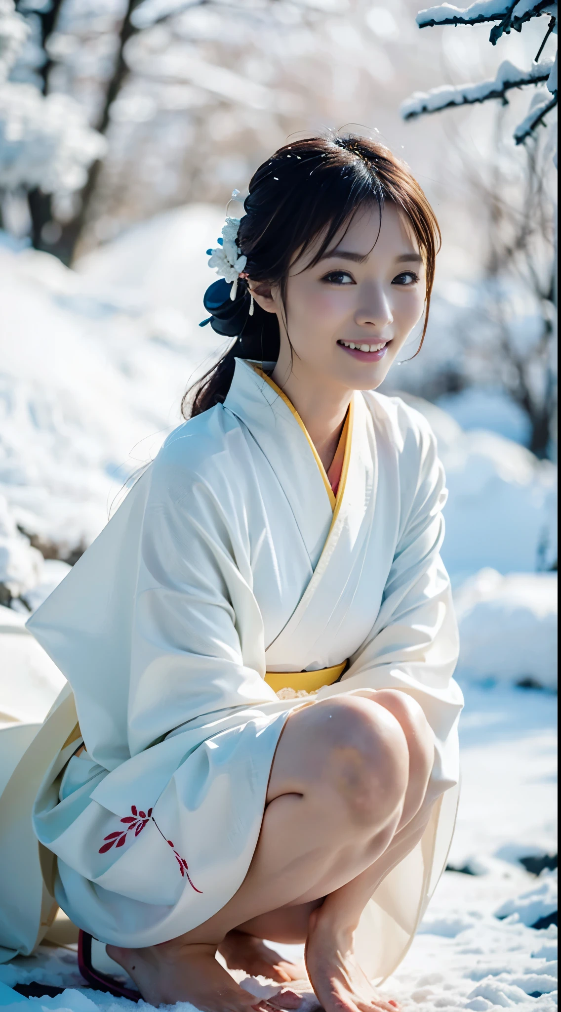 (((A beautiful woman crouching on a dark mountain in a pure white thin kimono with little exposed skin in the middle of the night))),(((A Yuki-onna, who looks great in a pure white kimono, is sitting staring at me from a distance in the darkness of a blizzard so dark that she can't see anything in front of her.))),(((muste piece:1.6))),(((Ulsan-6500))),(((perfect anatomy:1.6))),(((Deep depth of field with Hasselblad))),(((sexy waist))),masterpiece,highest quality,ultra high resolution,high detailed portrait,(realistic photo:1.4),(((A tall nose and a beautiful face))),(((long limbs like a model))),The fair-skinned nape of the neck is dazzling,(((A beautiful pure white kimono that shows off the lines of your body stands out.))),pull your chin and smile,((Full body shot from behind)),20-year-old, Her long glossy chestnut hair is tied up and the nape of her neck is sexy.,((Proud F cup breasts )),(I can't get enough of my waistline),(A scene from a famous Japanese folk tale),(Look over your shoulder and raise the corners of your mouth and eyebrows and smile),detailed eyes,((Gravure photography in the falling snow of a snowy mountain forest)),((long eyelashes,Big eyes,clear double eyelids,((glossy thick lips)),(((perfect anatomy:1.4))),