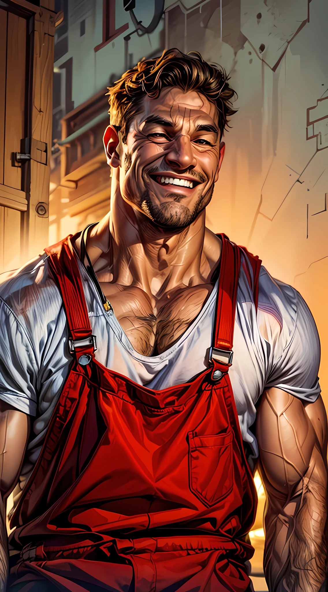 a smiling man with a muscular build. He is wearing overalls and a t-shirt.