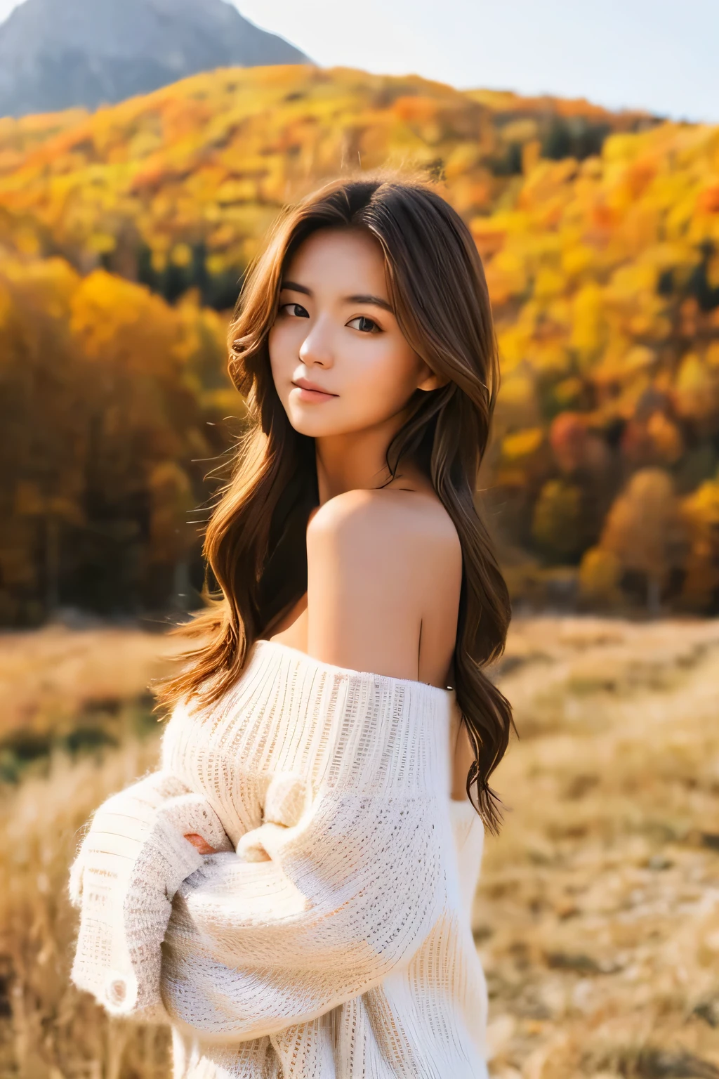 1 girl, 19 years old, alone, long hair, small tit, looking at the viewer, Long light brown hair waving in the wind, bare shoulders, full body, necklace, off shoulder, white sweater, realistic, sexy, autumn colors, mountains in the background々々々.