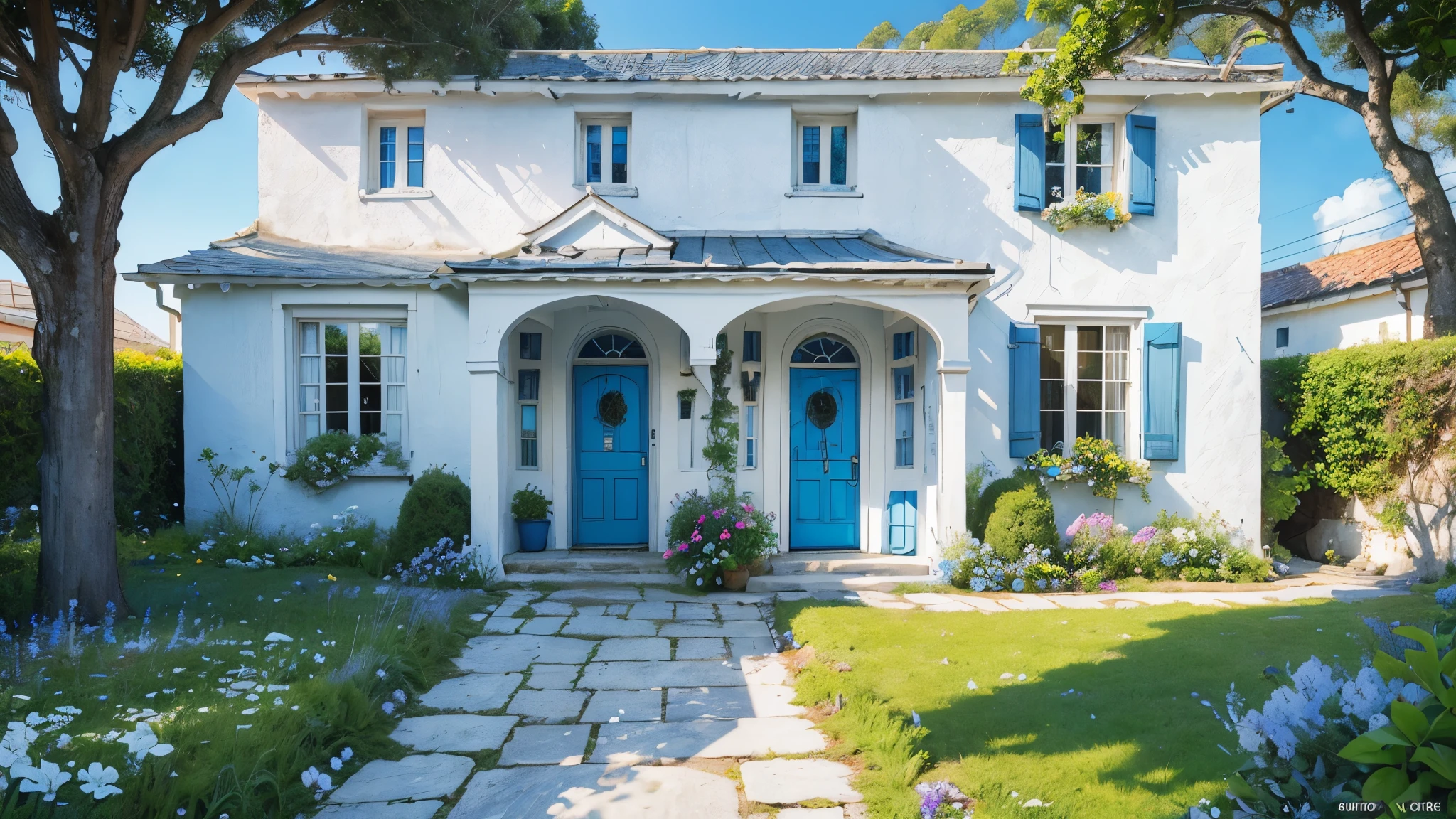 (a small old house by the sea,white stone walls,blue doors and windows,flowers and plants in the yard,big shady tree),illustration,ultra-detailed,realistic,vivid colors,soft lighting,coastal scenery,cold tones