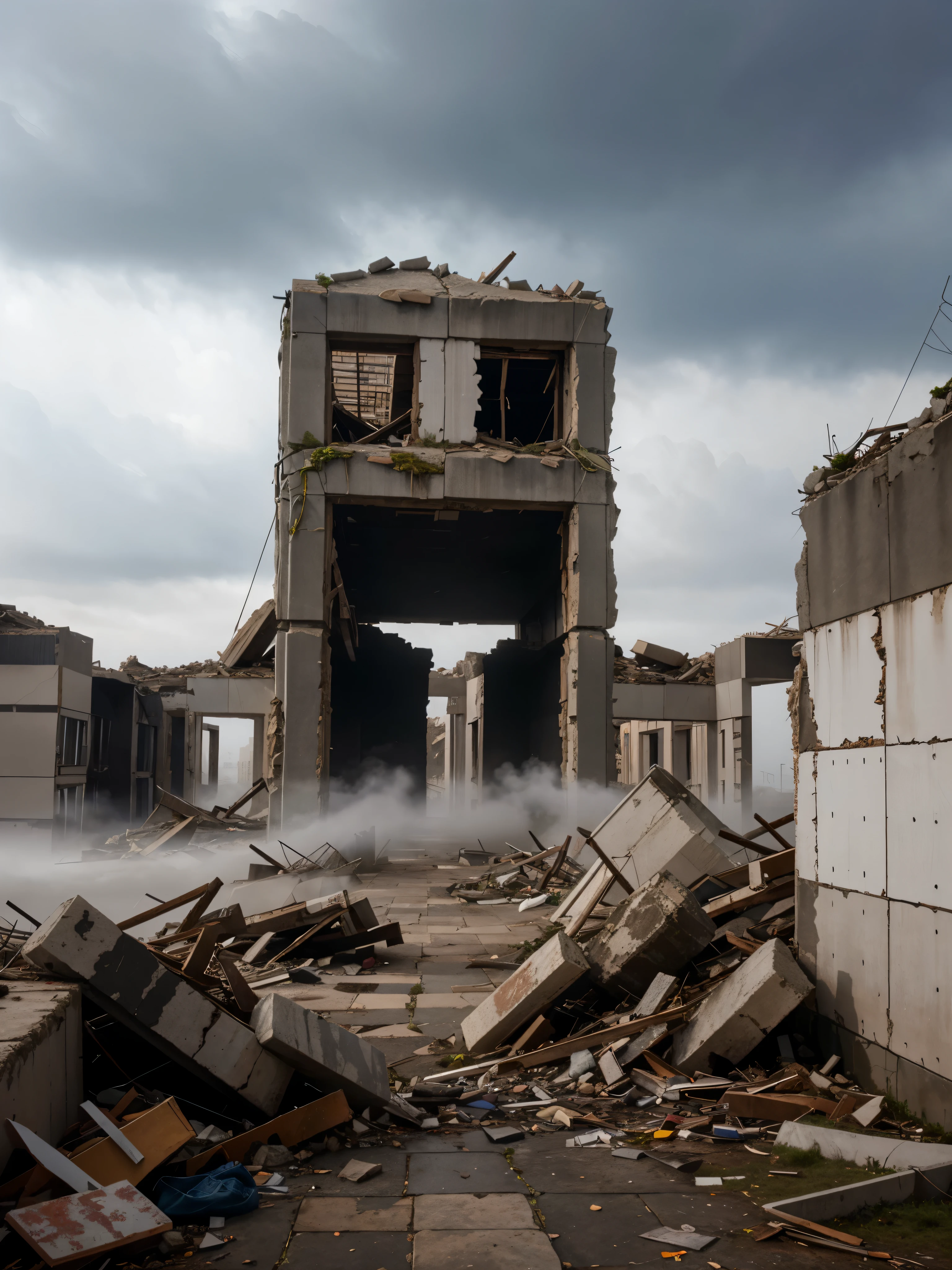 k hd,Super detailed,The illustrations are of high quality,In gray weather,Dilapidated ruins of a modern city, foggy